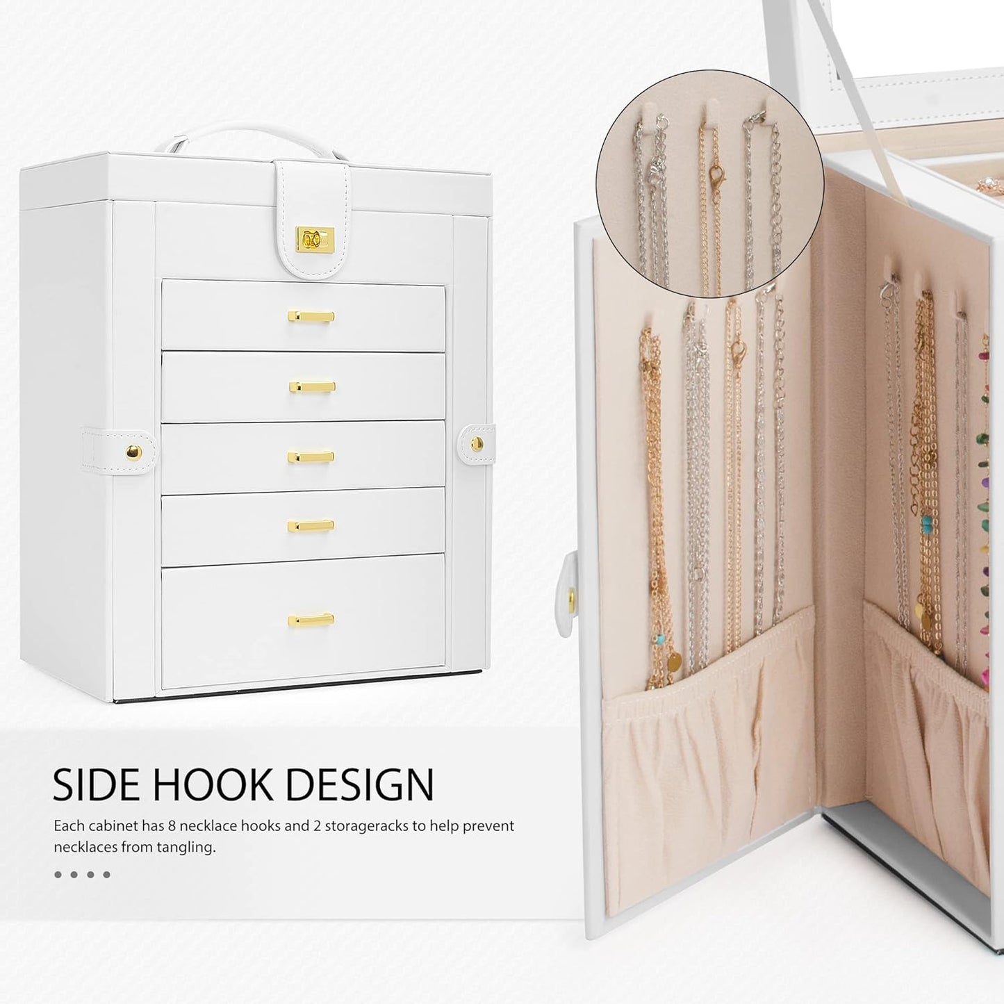 6-Tier Jewelry Box Organizer with 5 Drawers Leather Jewelry Storage Case for Women Girls Holder Organizer with Mirror
