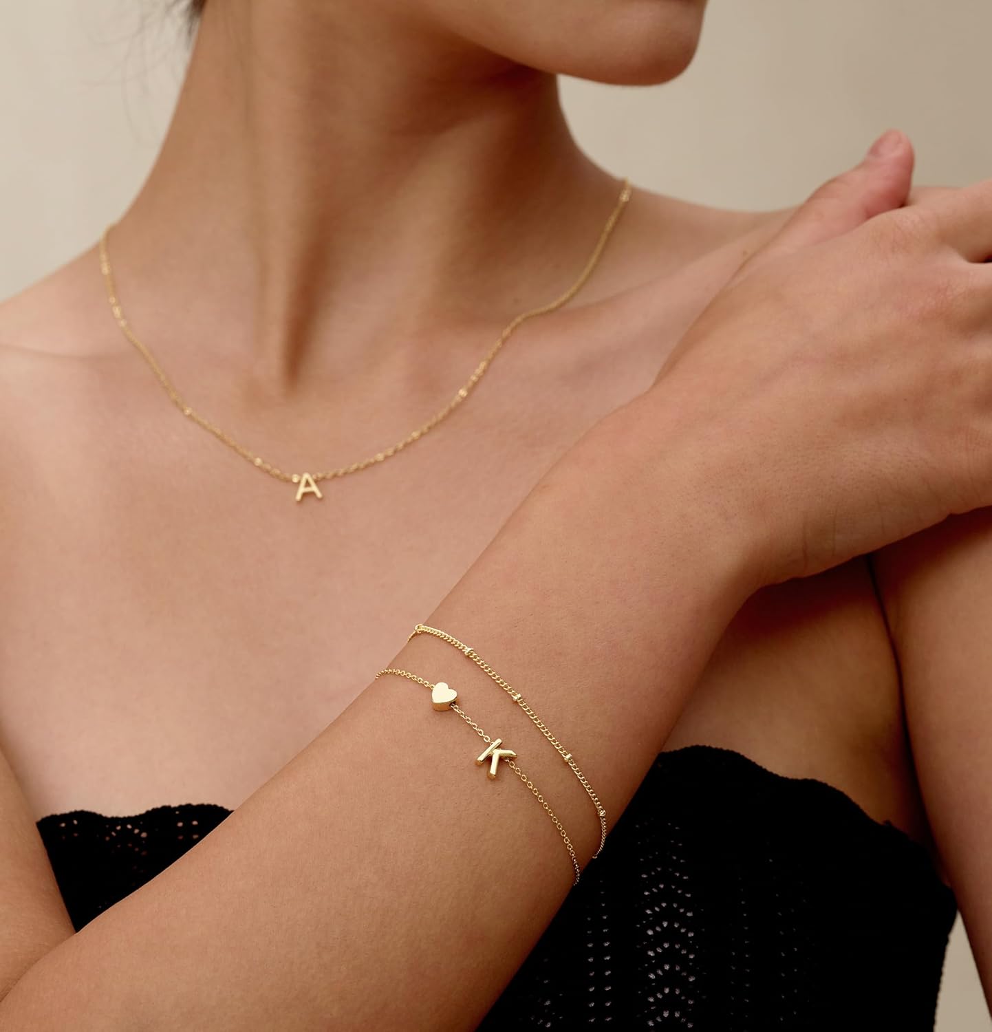 Dainty Initial Heart Gold Bracelets for Women Trendy, 14K Real Gold Letter Charm Bracelet Jewelry