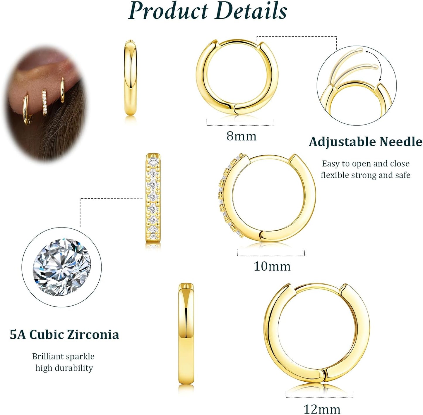 Small Sterling Silver Huggie Hoop Earrings Set for Women, 14K Gold Plated Hoops Stacks for Multiple Piercings