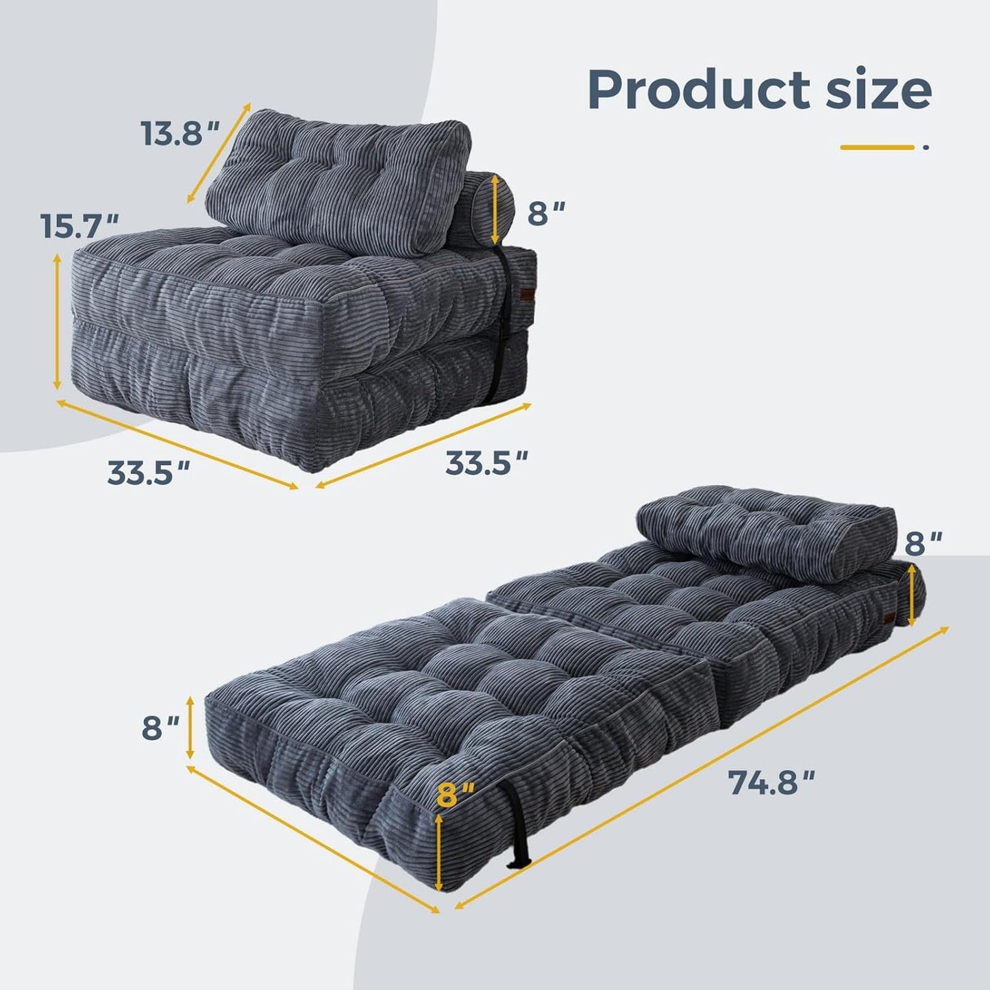 Convertible Folding Sofa Bed - Single Sleeper Chair with Pillow and Back Support, Portable Fold Out Lounge