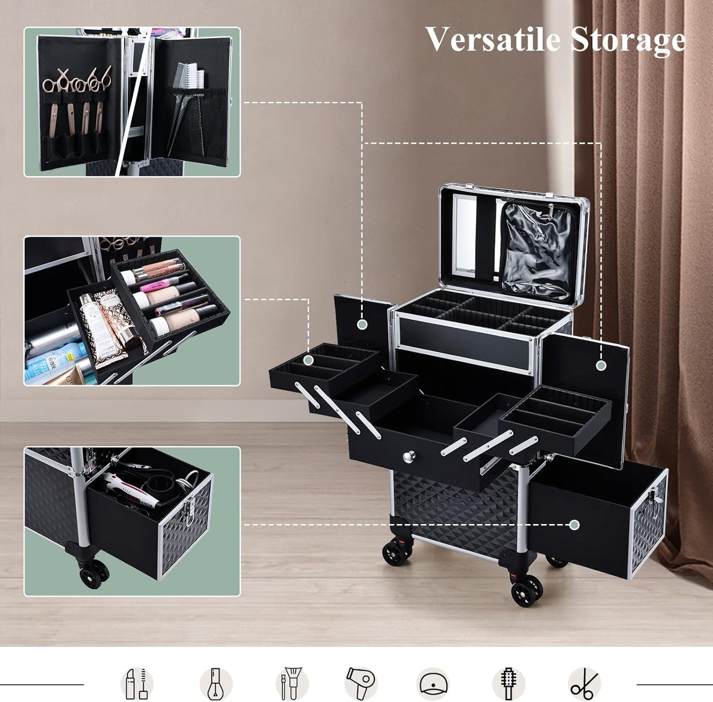 Professional Makeup Artist Rolling  Case Multi-functional Cosmetic  Case