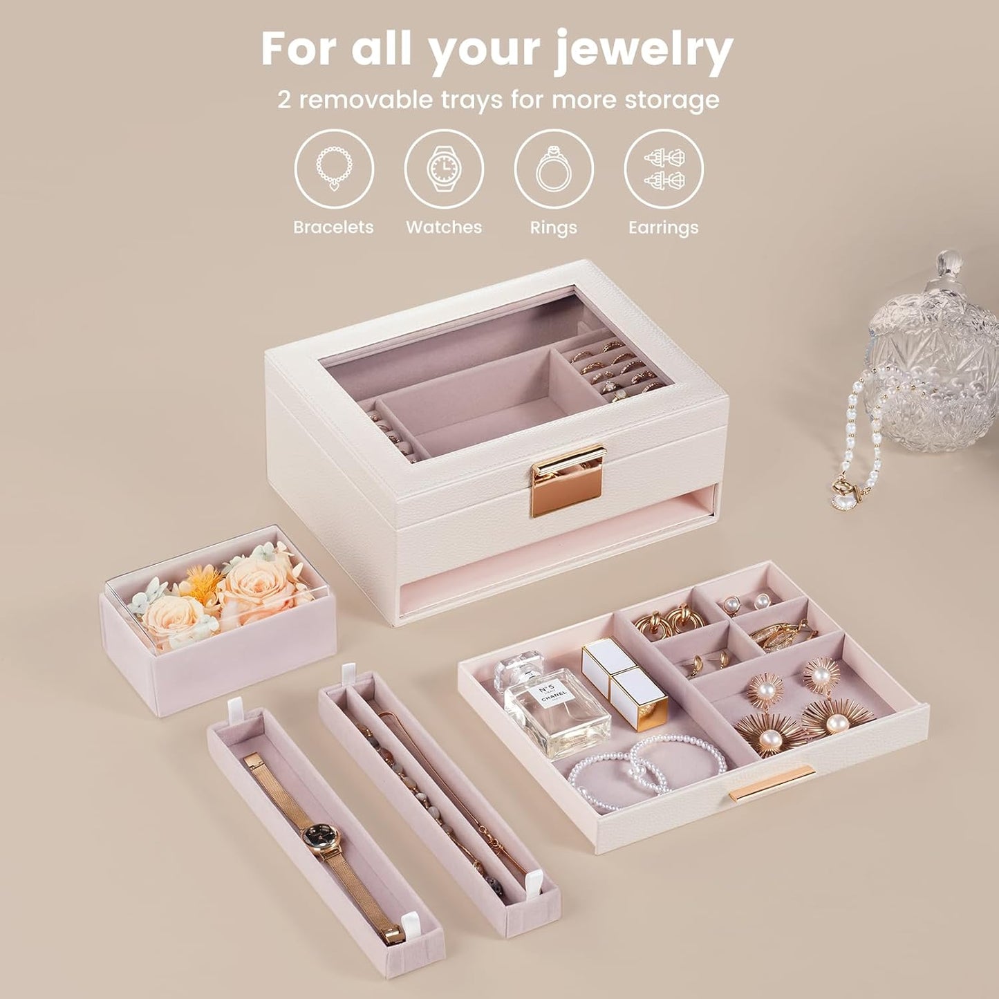 Jewelry Organizer with Glass Lid, 2-Layer Jewelry Box Case with Drawer, Gift for Women Mom