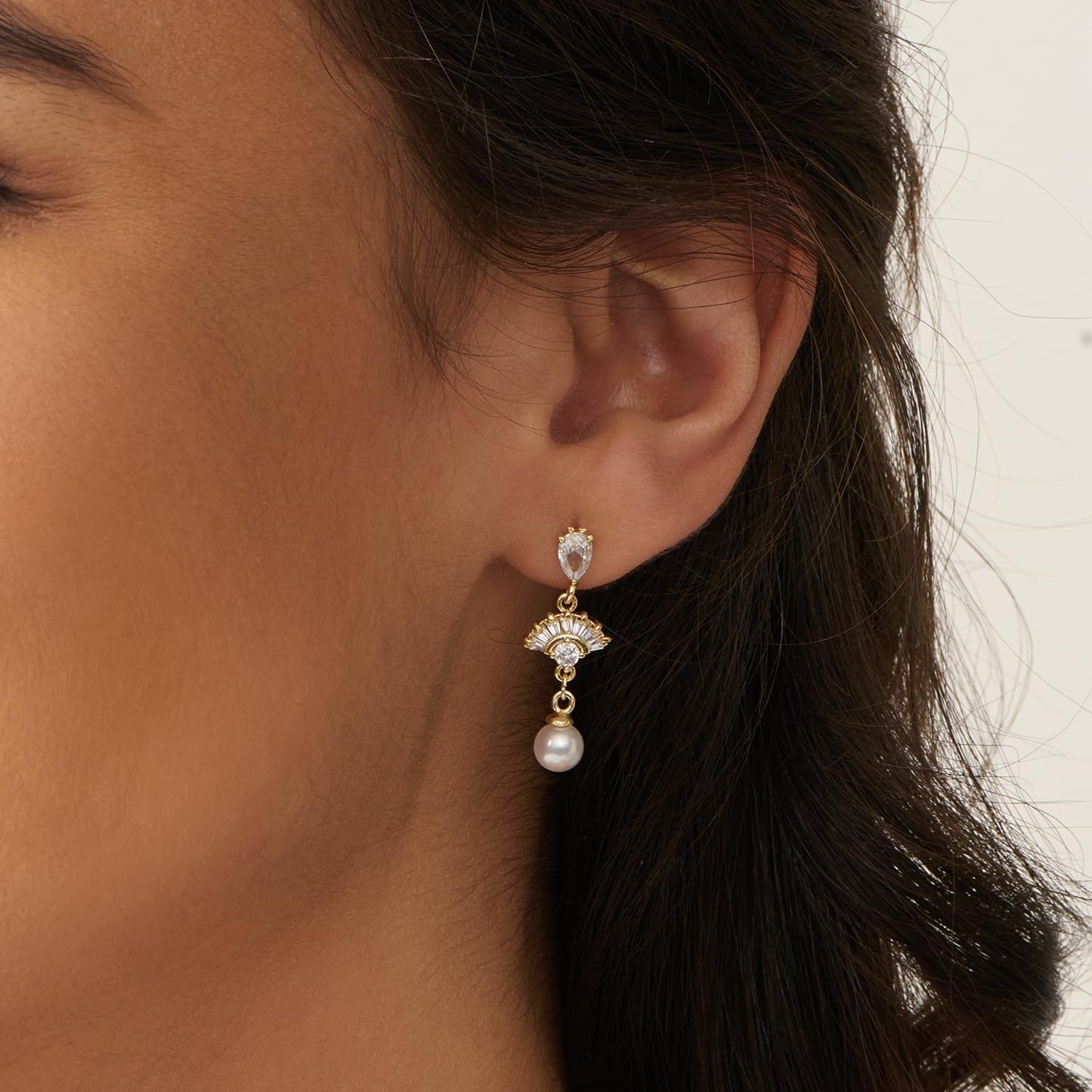 Pearl Earrings: 14k Gold-plated Cubic Zirconia Accented Pearl Drop Dangle Wedding Engagement Earrings For Women Bridal Bridesmaid