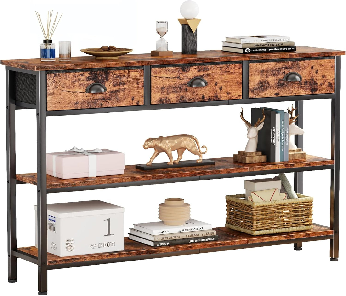 Long 47" Console Sofa Table with 3 Drawers, Entryway Table with 3-Tier Storage Shelves