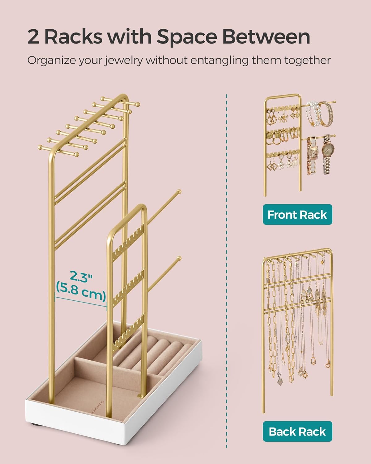Jewelry Holder, Jewelry Organizer, Jewelry Display Stand with Metal Frame, Necklace Earring Bracelet Holder, for Studs, Rings