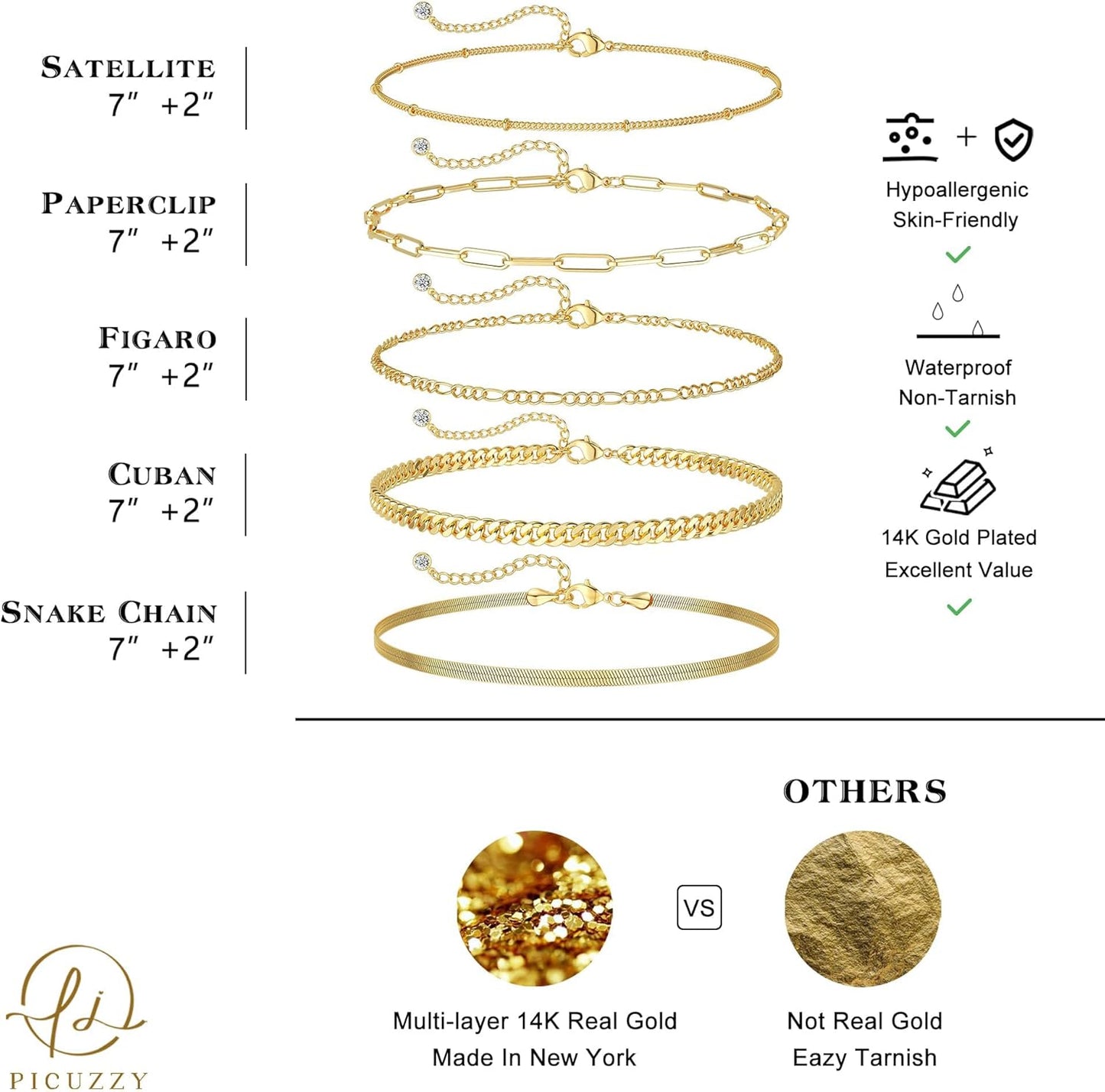 Gold Bracelets for Women Waterproof, 14K Real Gold Jewelry Sets Trendy Thin Dainty Stackable Cuban Link