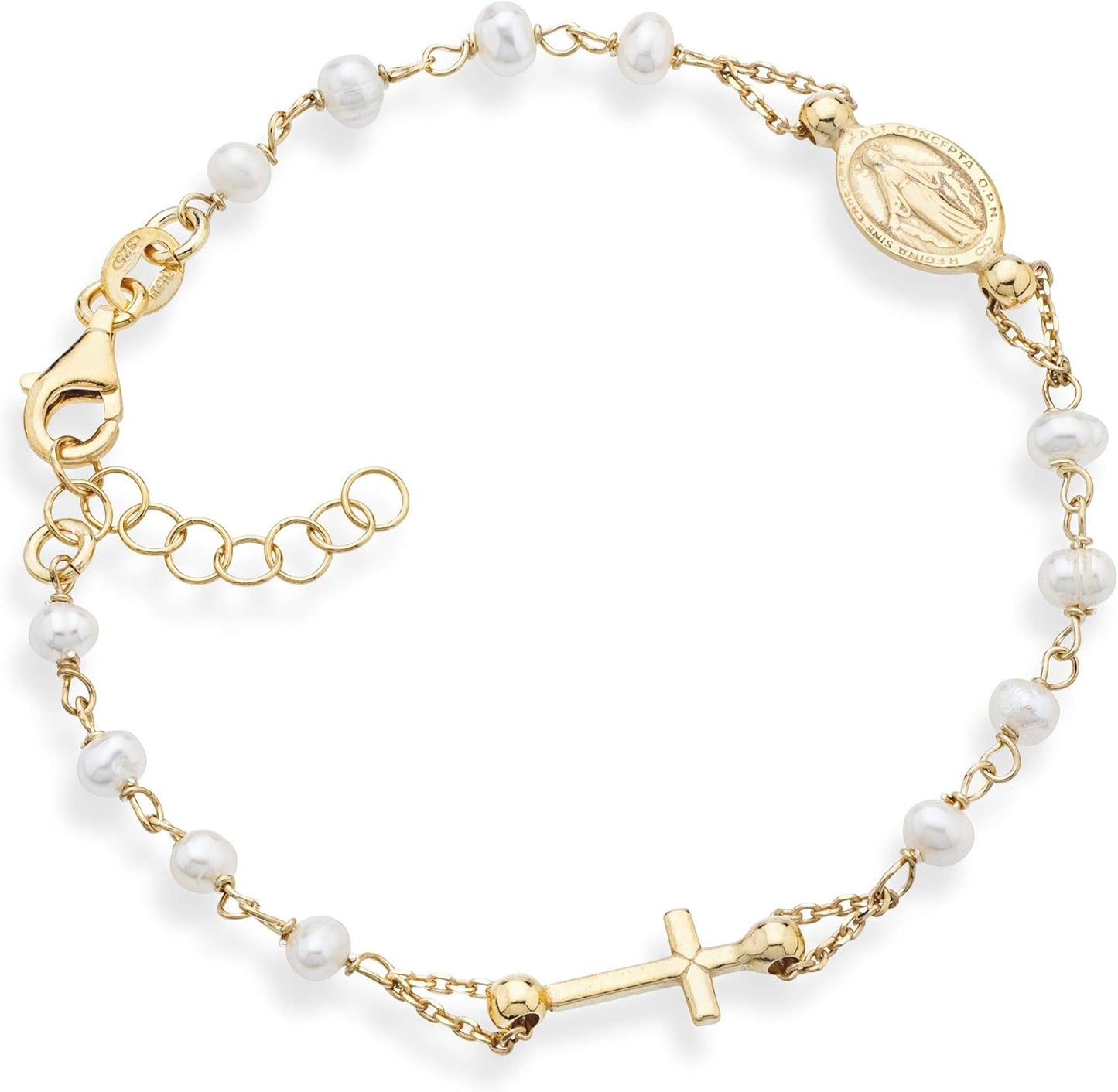 Miabella 18K Gold over 925 Sterling Silver Handmade Italian 3.5-4mm White Cultured Freshwater Pearl Rosary Cross