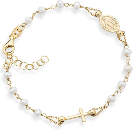 Miabella 18K Gold over 925 Sterling Silver Handmade Italian 3.5-4mm White Cultured Freshwater Pearl Rosary Cross