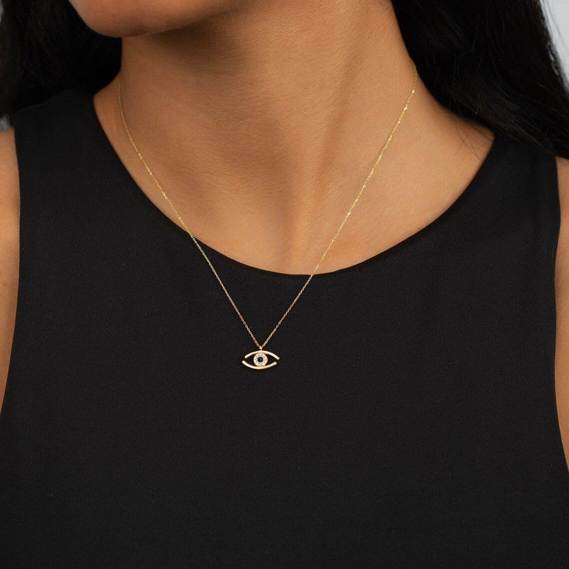 Evil Eye Necklace: 14K Gold Plated Blue CZ Diamond Boho Pendant for Women, Protection Gift