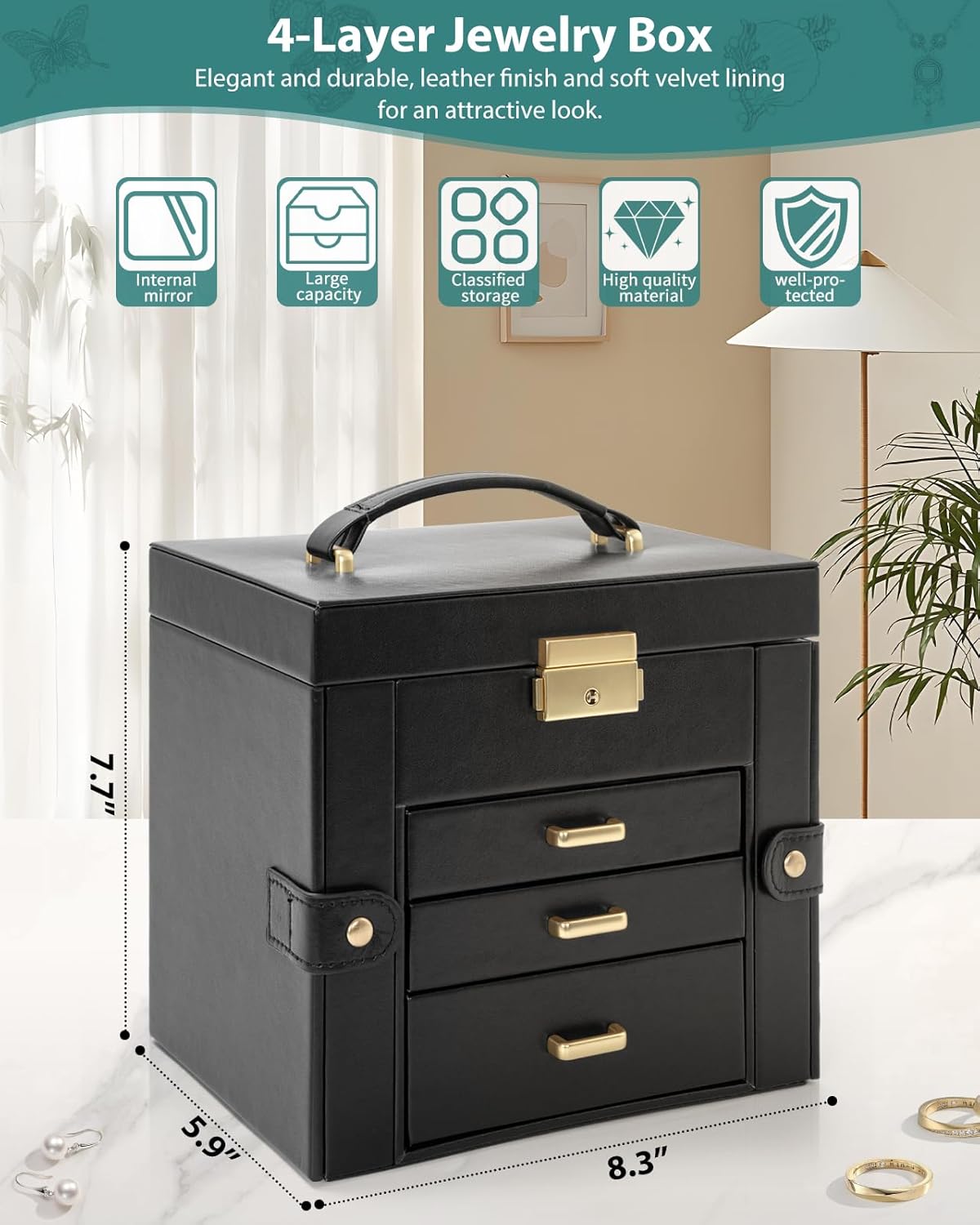 4-Tier Jewelry Box Leather Jewelry Storage Organizer with 3 Drawers Lockable