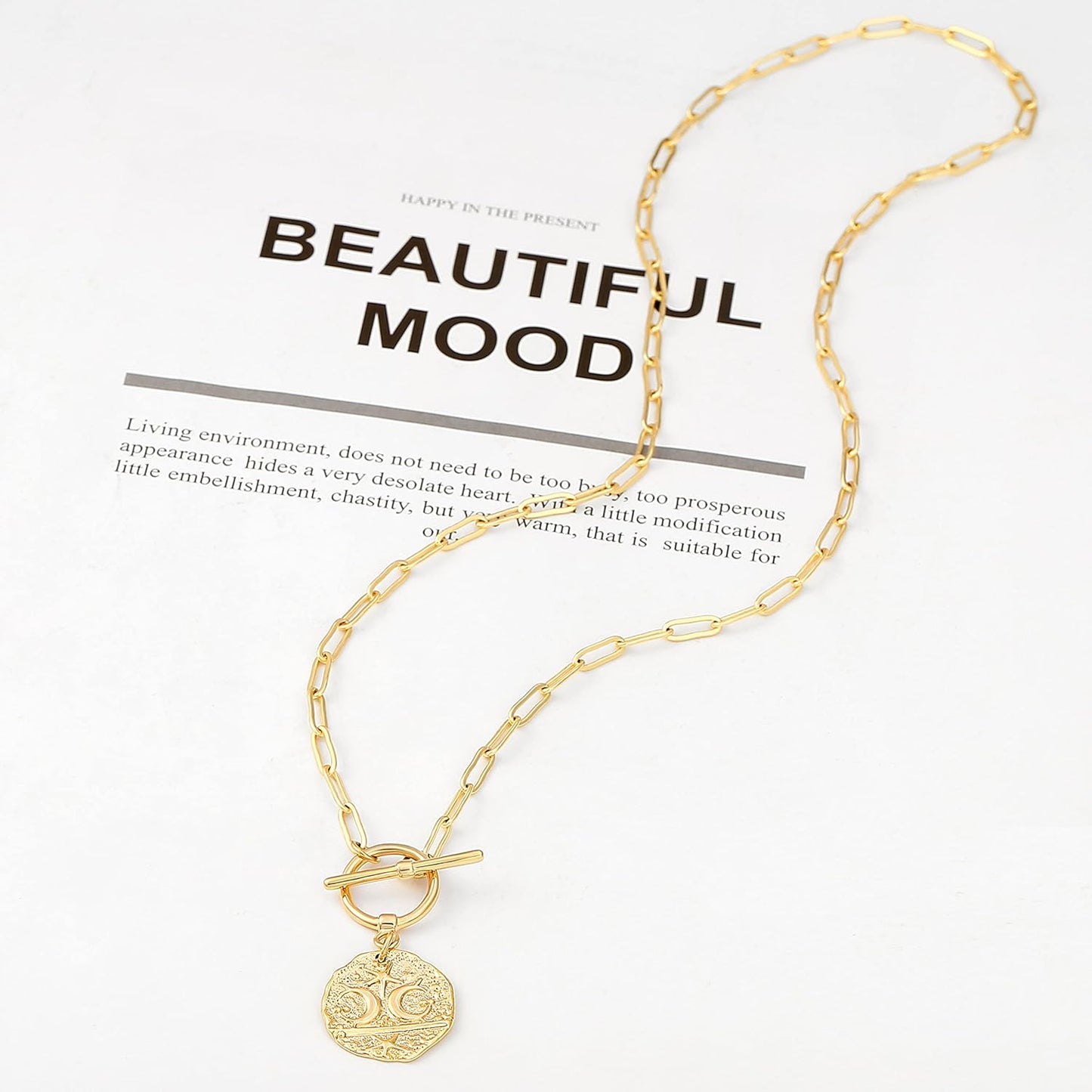 "18K Gold Plated Pendant Necklace, Moon Star Lion Evil Eye Heart Cross Charms, Paperclip Chain Choker, Dainty Layering Jewelry for Women"