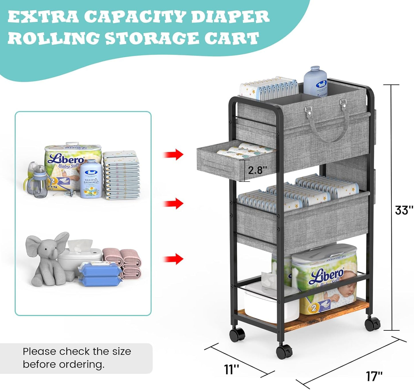 2In1  Diaper Caddy & 4-Tier Rolling Diaper Cart, Diaper Caddy Organizer Cart with Dividers & Drawer