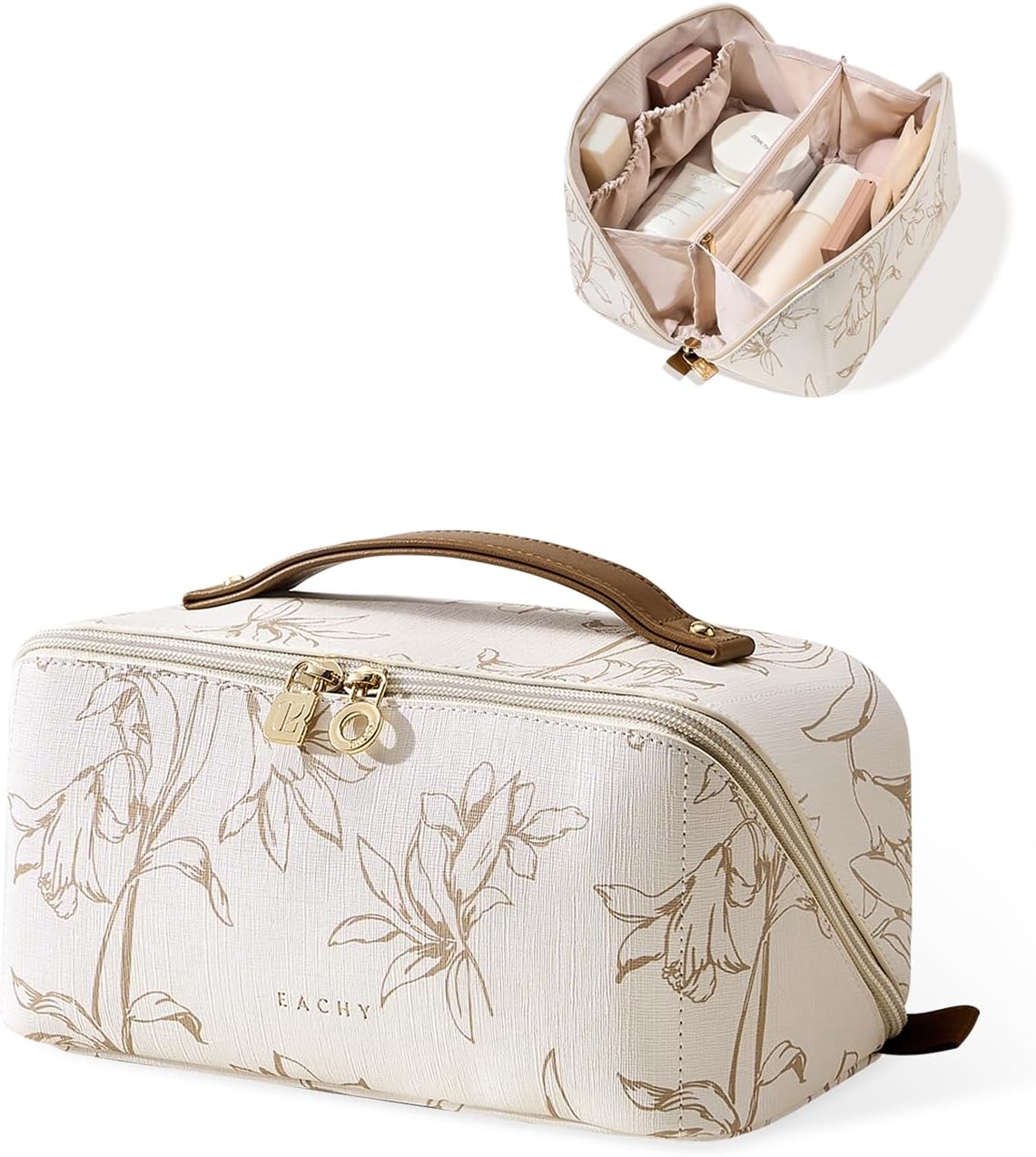 Travel Makeup Bag, Large Capacity Cosmetic Bags for Women, Waterproof Portable Pouch Open Flat Toiletry Bag Pattern Make up Bag (F-Beige)