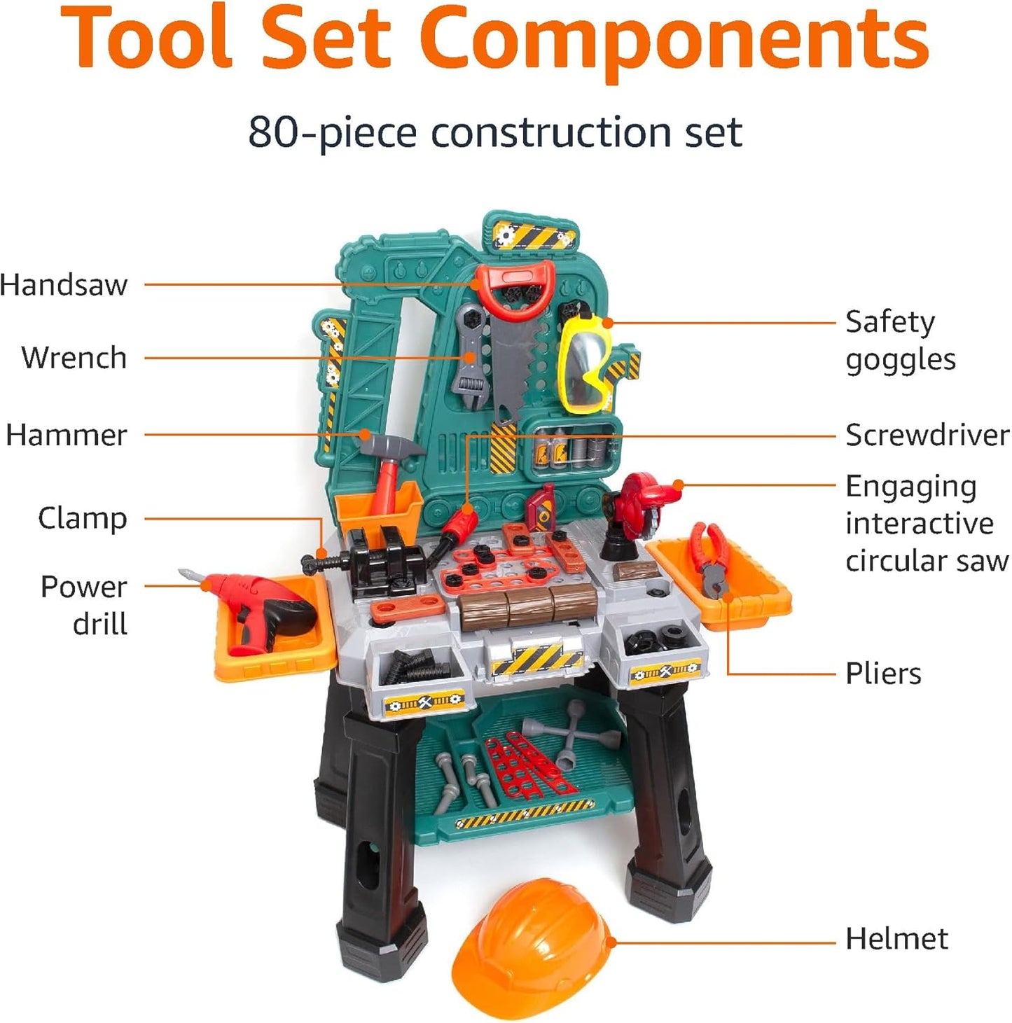 OMOMMD Kids Workbench Construction Toy, Pretend Play Tool Set with 80 Pieces, Educational Interactive Playset, Play Helmet & Safety Goggles, for Ages 3 and Up, Multicolor, Medium