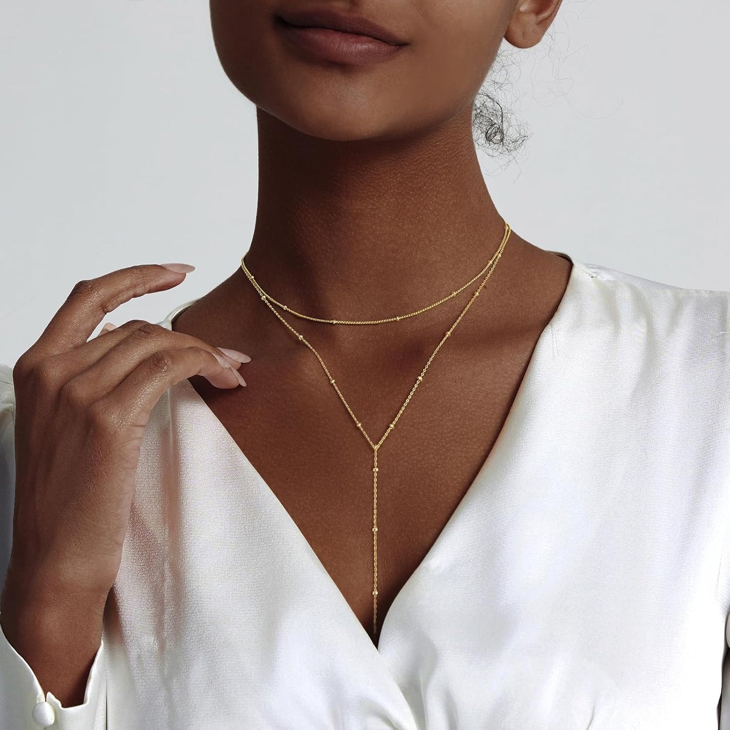 Lariat Gold Necklace for Women: Dainty 14K Gold Plated/Silver Y-Shaped Beaded Drop Chain, Trendy Gift