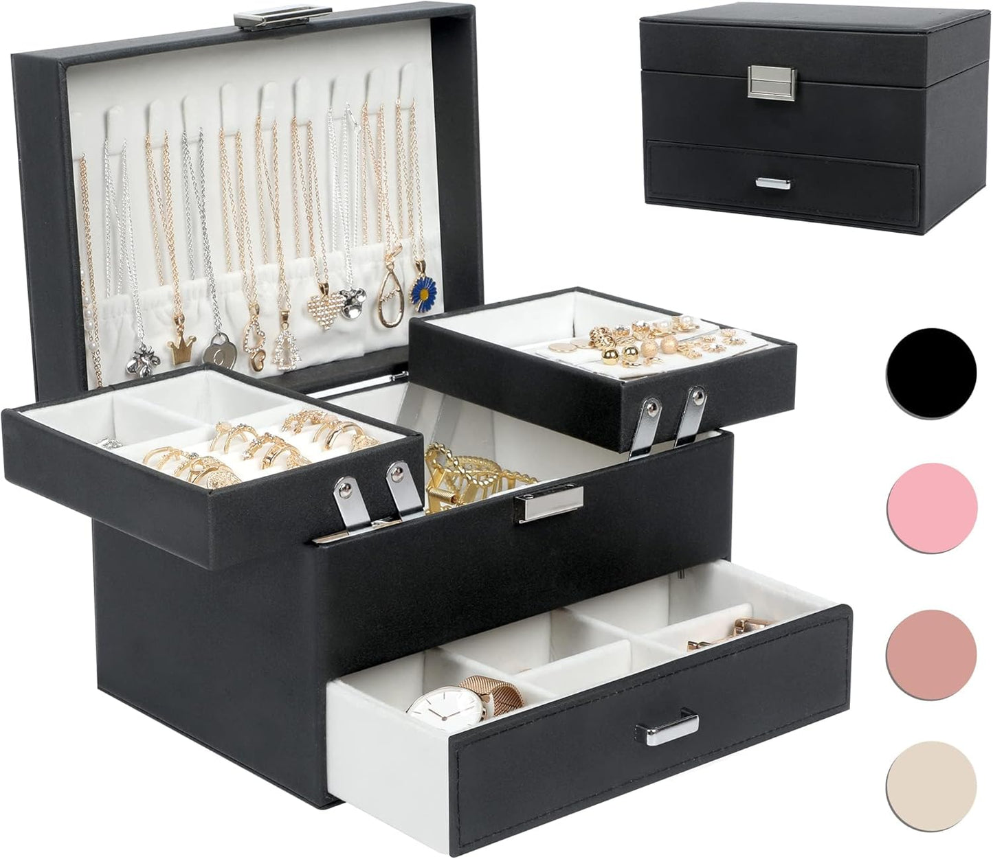 Jewelry Boxes for Women Girls, 3 Layers Jewelry Storage Organizer for Earring, Ring, Necklace, Bracelets