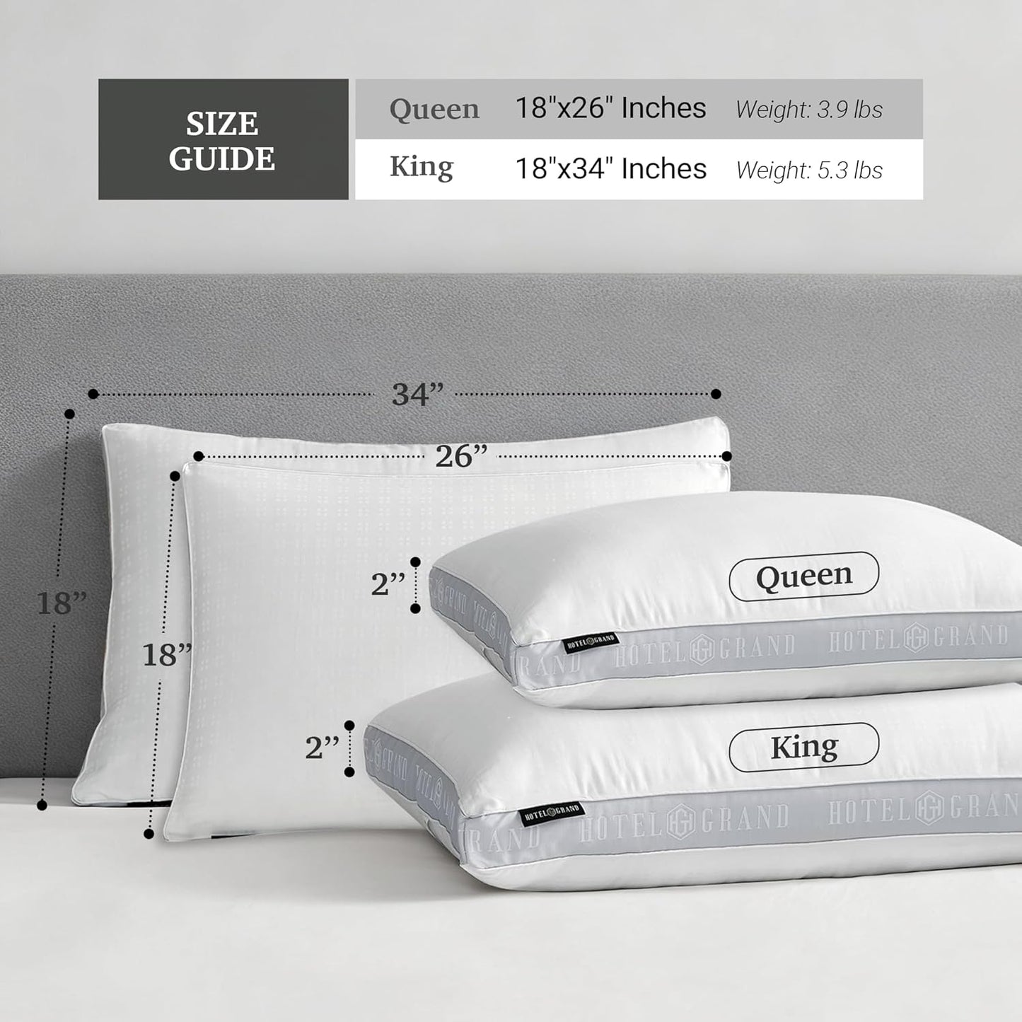 Bed Pillows Queen Size Set of 2, 500 Thread Count Cotton Cover, Down Alternative Hotel Pillow for Side, Back, or Stomach Sleepers, Medium Firm Hypoallergenic 18”x26”