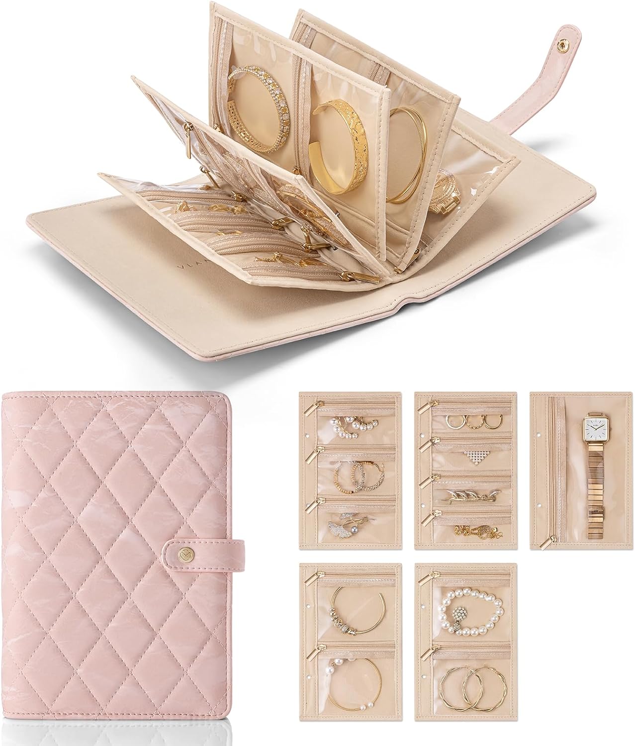 Travel Jewelry Organizer Case,Jewelry Storage Book Ring Binder with Clear Zipper Velvet Pouch Bag