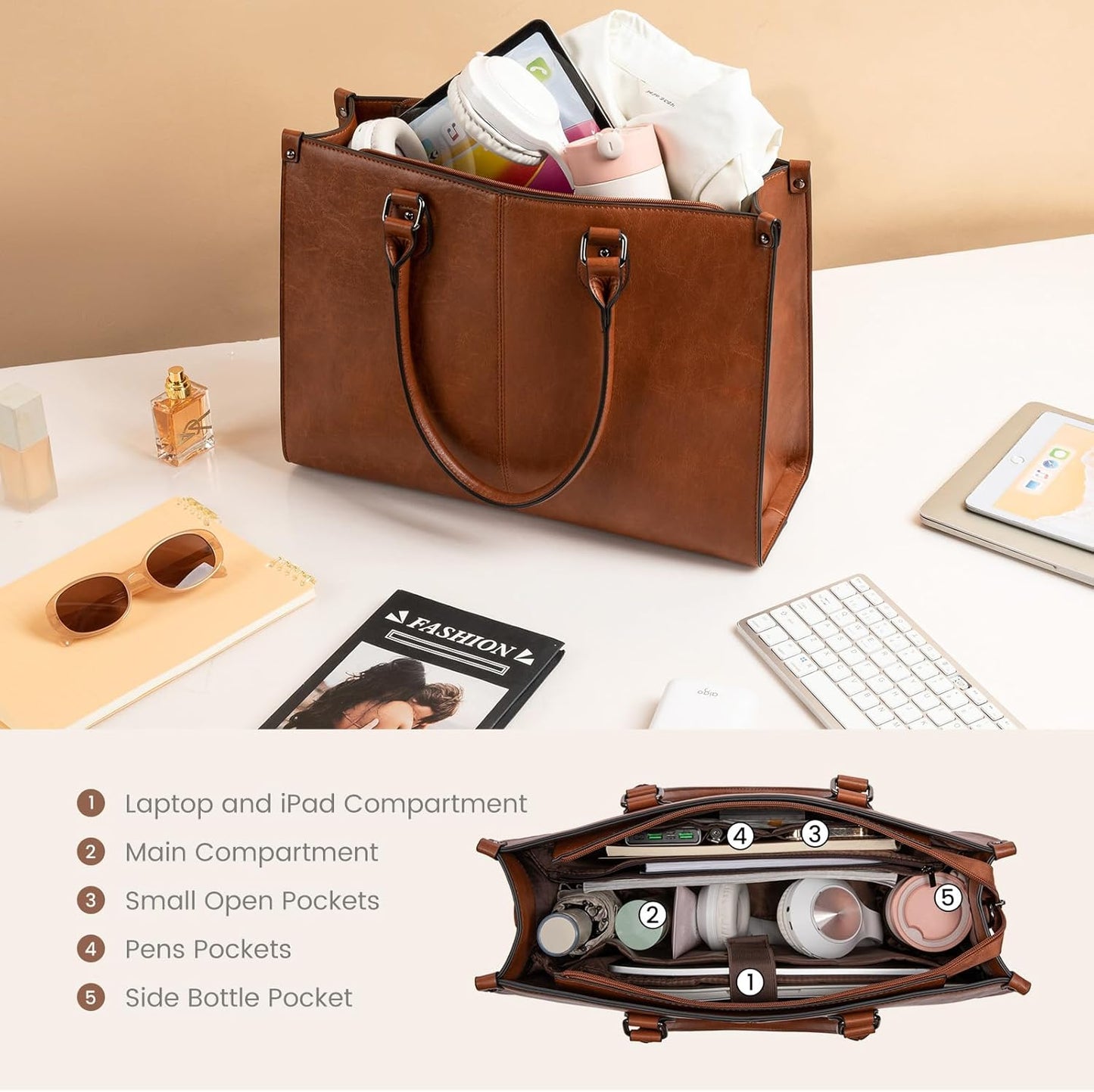 15.6 Inch Large Capacity Vintage Leather Work Computer Bag, Business Casual Shoulder Handbag
