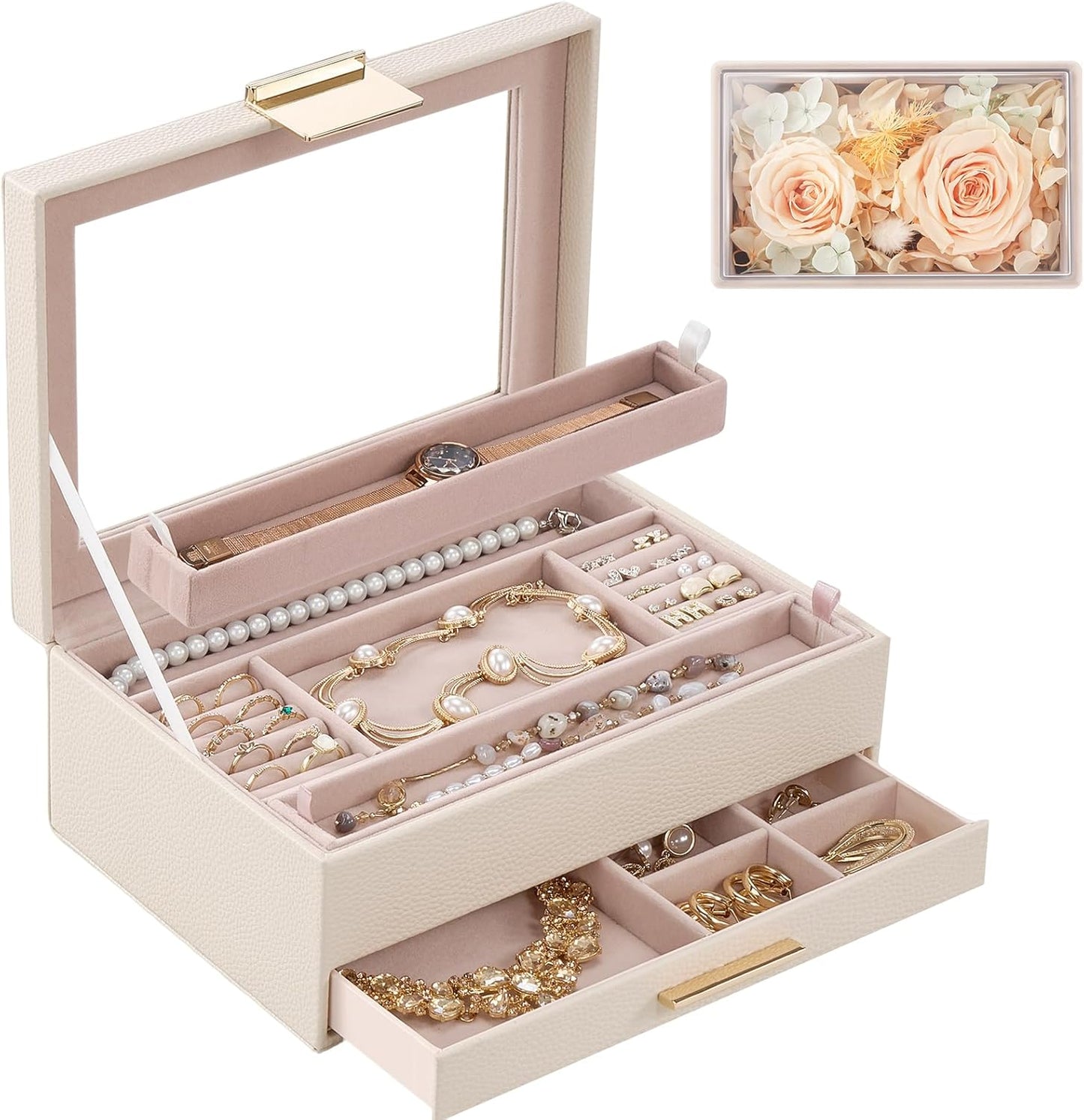 Jewelry Organizer with Glass Lid, 2-Layer Jewelry Box Case with Drawer, Gift for Women Mom