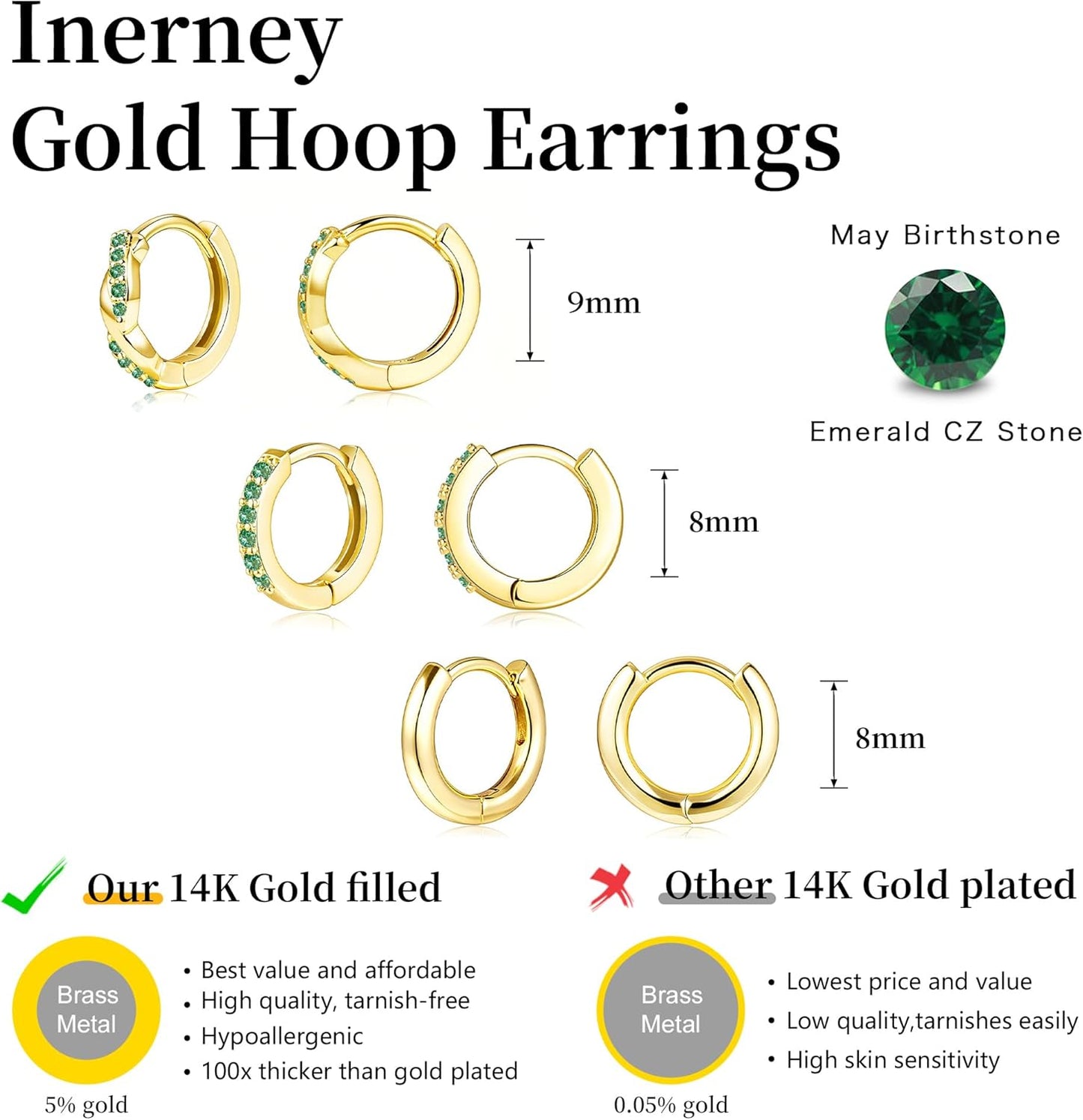 Inerney Gold Huggie Hoop Earrings Set for Women, Dainty Small Sterling Silver Earring Stacks Hypoallergenic Jewelry for Multiple Piercings