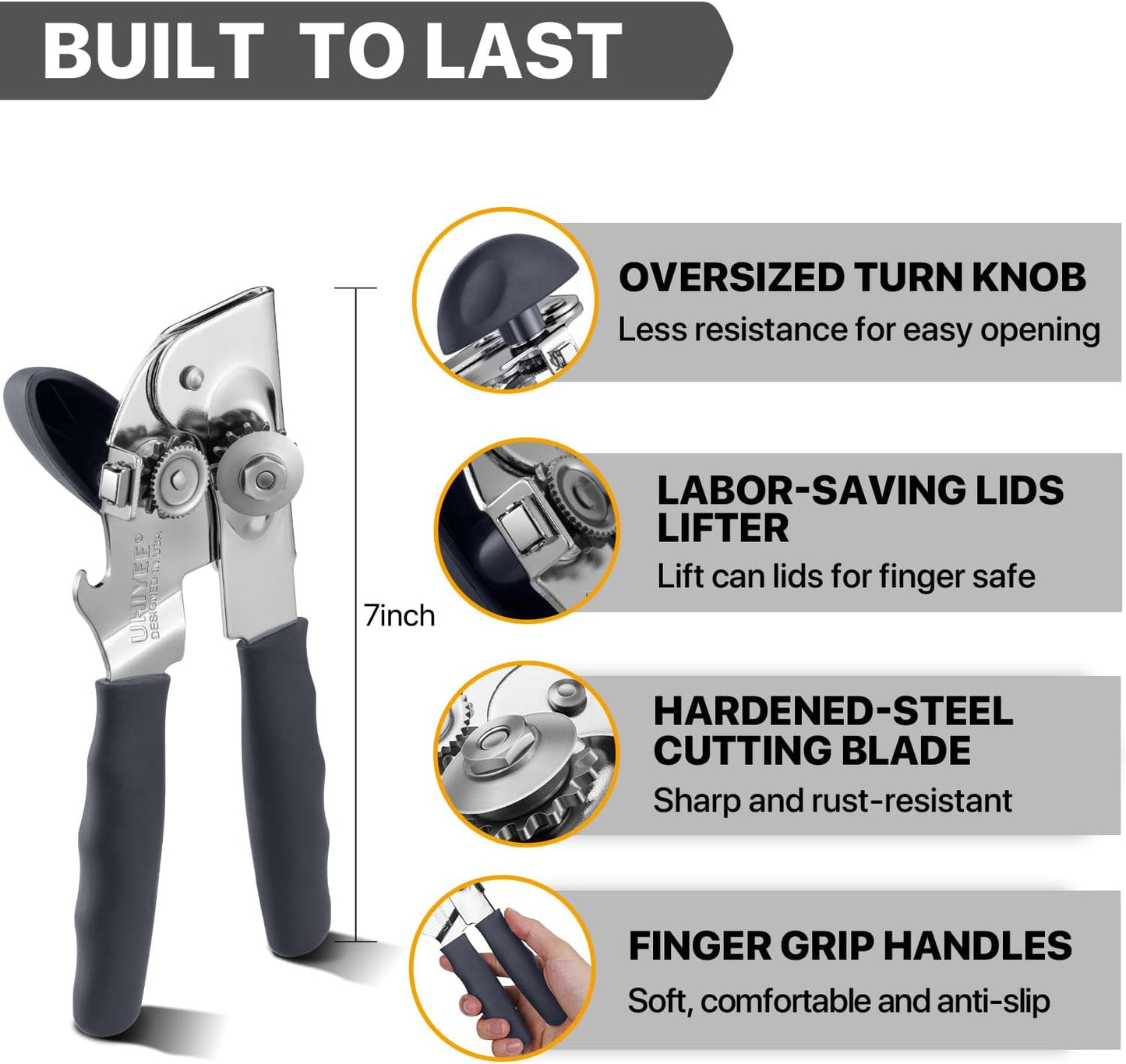 Can Opener Manual Heavy Duty, Solid Steel Hand Manual Can Open with Magnet for Kitchen Camping, Gray