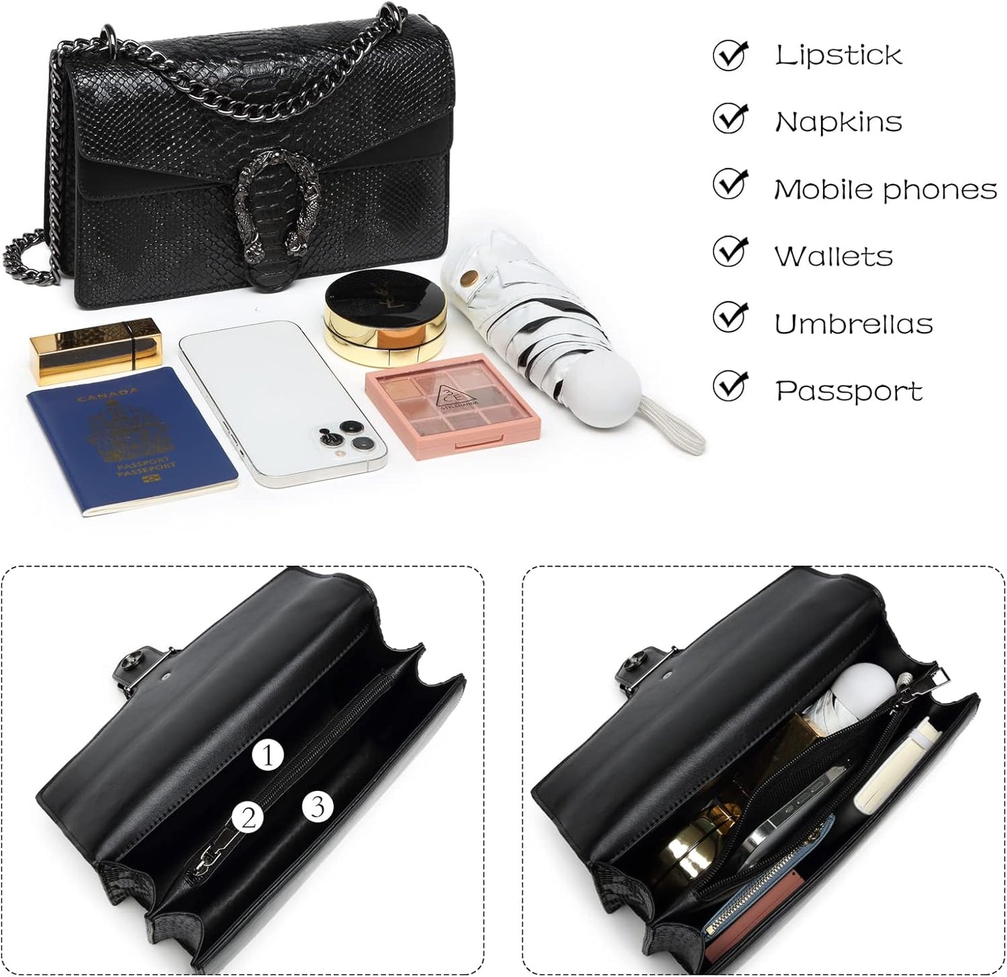 Crossbody Bags for Women - Snake Printed Clutch Purses Leather Chain Shoulder Bags Evening Handbags