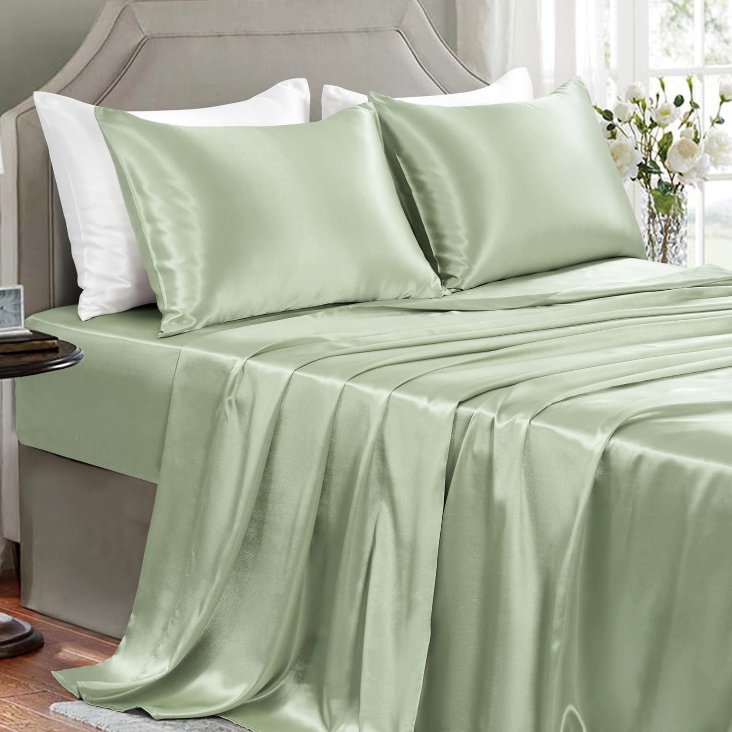 Satin Sheets Full Size - 4 count Luxury Silky Soft Bed Sheets, Wrinkle-Free Black Satin Silk Sheet Set