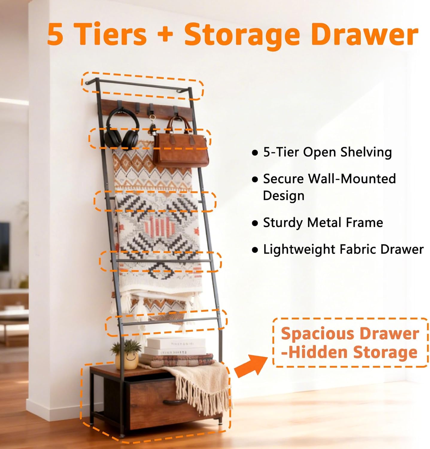 Metal Blanket Ladder with Storage Drawer, 5 Tier Rustic Blanket Rack with Hooks for Living Room, Bedroom, Farmhouse Decor – 5.2ft Wall Leaning Ladder Shelf for Blankets, Towels & Throws, Black