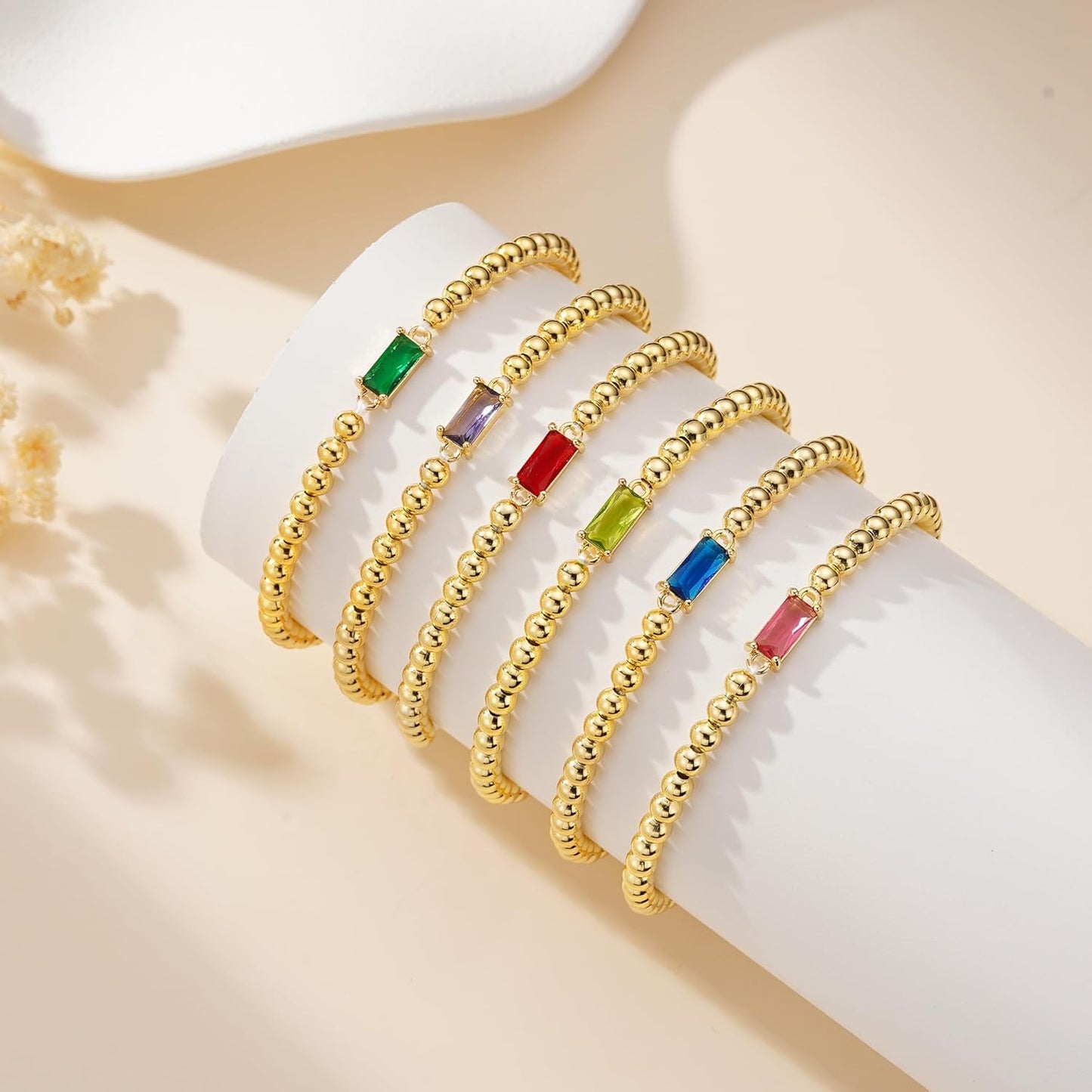 Dainty Birthstone Bracelet for Women - Elastic 14K Gold Plated Bead Bracelets Trendy Friendship Birthday Jewelry Gifts for Women