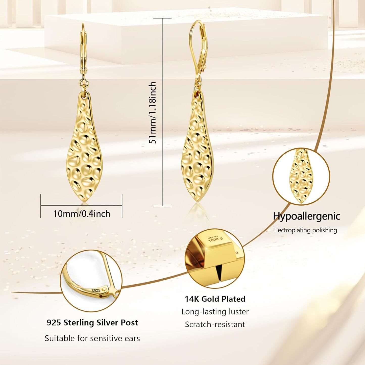925 Sterling Silver Dangle Earrings for Women, 14K Gold Plated French Leverback Earrings, Hypoallergenic Lightweight Statement