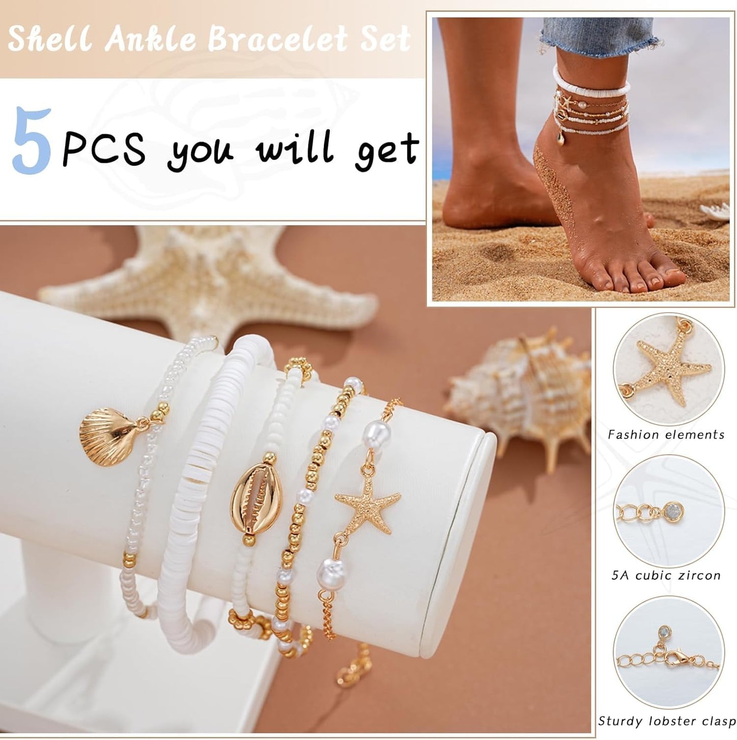 5 Pairs Boho Bead Handmade Adjustable Anklet, Hawaiian Beach Seashell Starfish Foot
