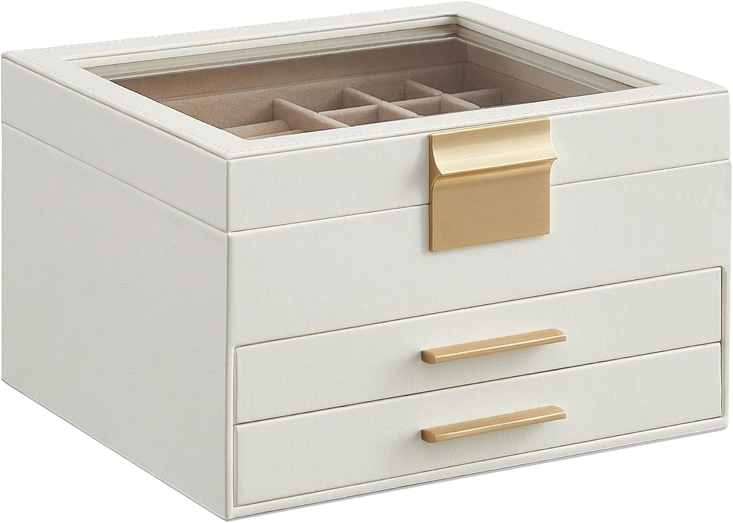 Jewelry Box Organizer with Glass Lid, 3-Layer Jewelry Storage, with 2 Drawers, Modern Style, Cloud White and Gold Color