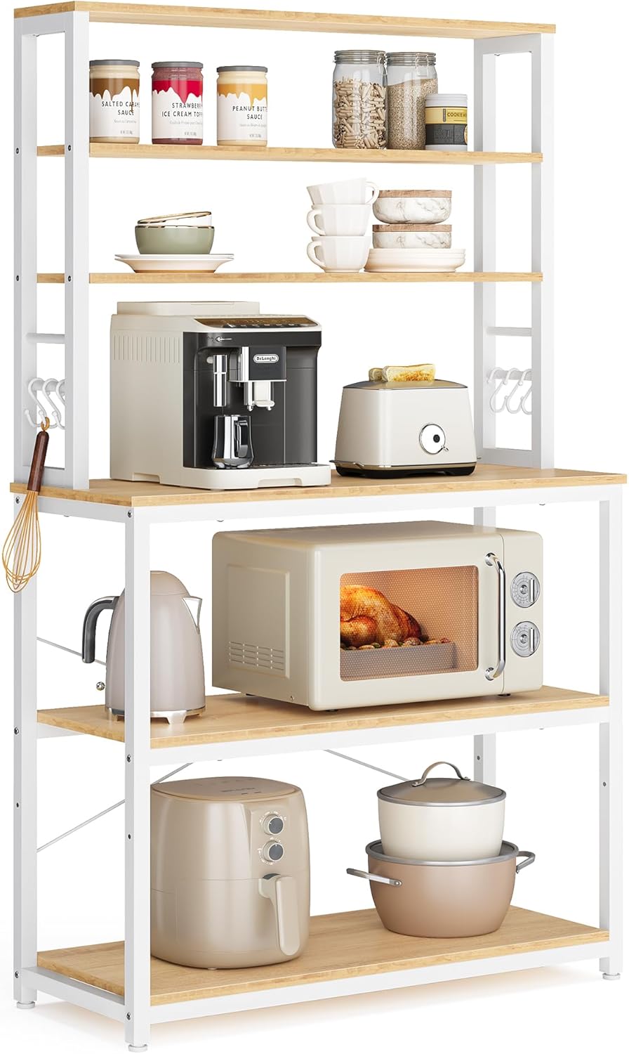 Coffee Bar, 31.5 Inches Baker's Rack for Kitchen with Storage, 6-Tier Kitchen Shelves with 6 Hooks, Microwave Stand