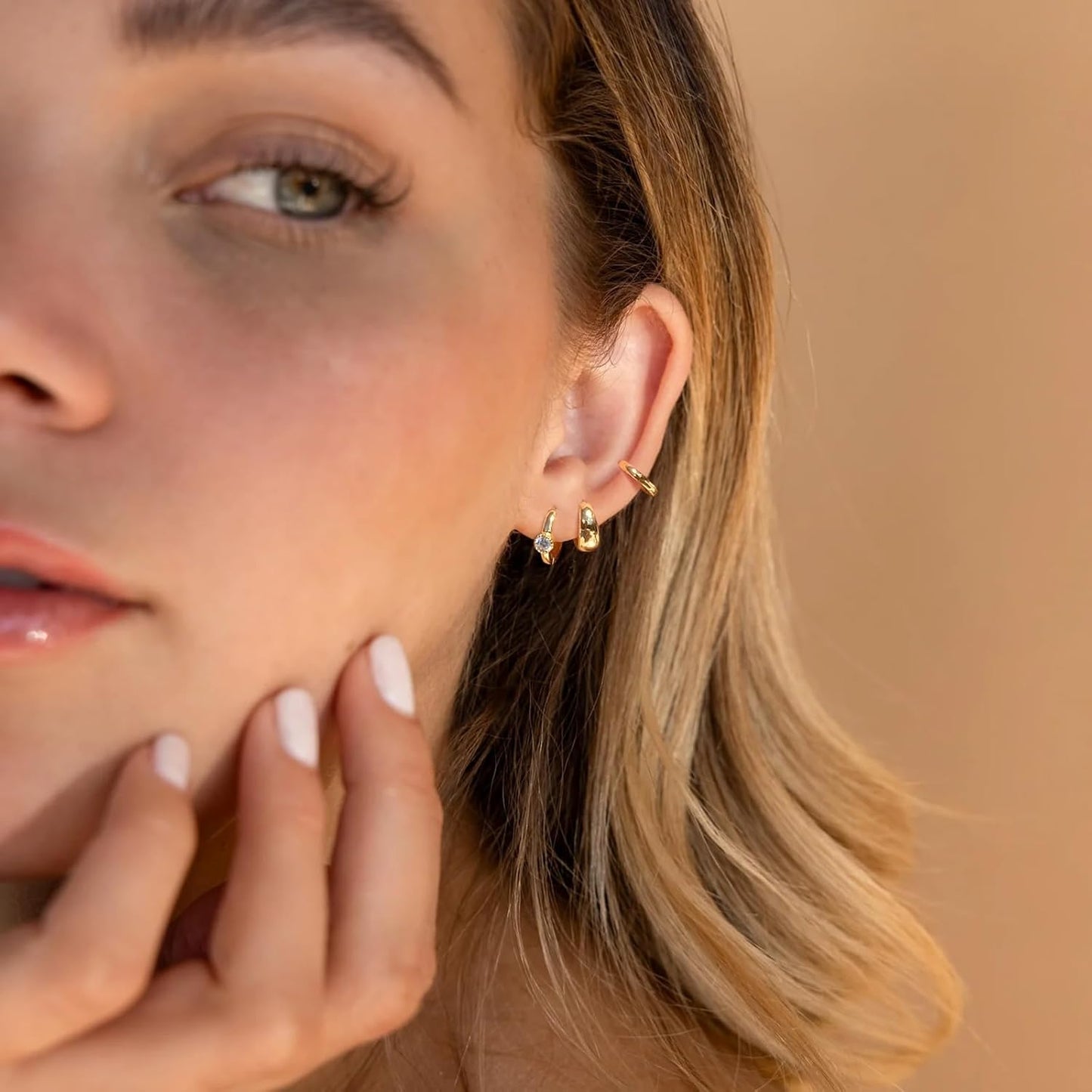 Small Sterling Silver Huggie Hoop Earrings Set for Women, 14K Gold Plated Hoops Stacks for Multiple Piercings