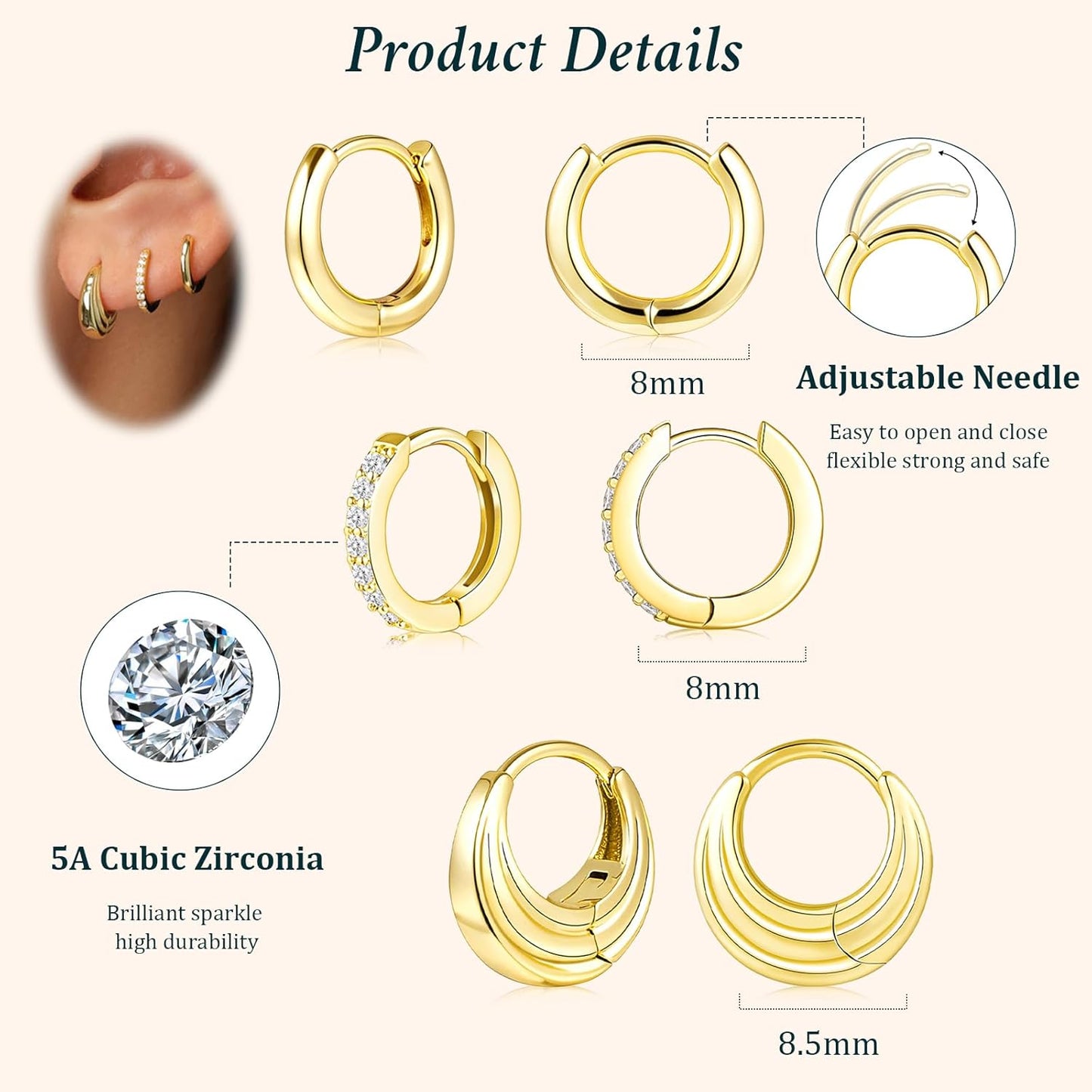 Small Sterling Silver Huggie Hoop Earrings Set for Women, 14K Gold Plated Hoops Stacks for Multiple Piercings