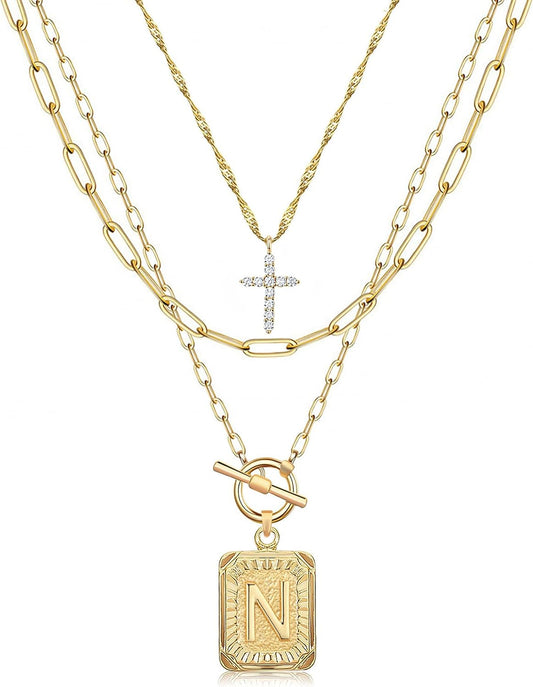 Layered Initial Necklace for Women, 14K Gold Plated Letter Pendant with Cross Charm, Paperclip Chain Choker Jewelry