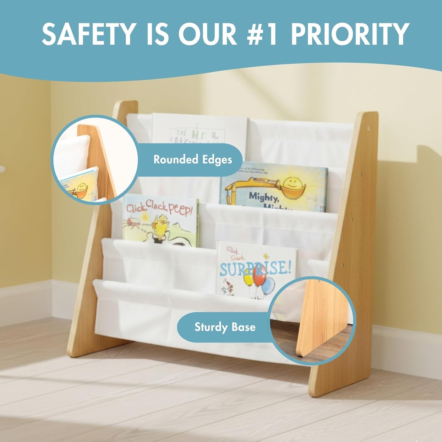 4-Tier  Bookshelf,  Wood/White - Premium Book Shelf   Rooms with Four Deep Pockets