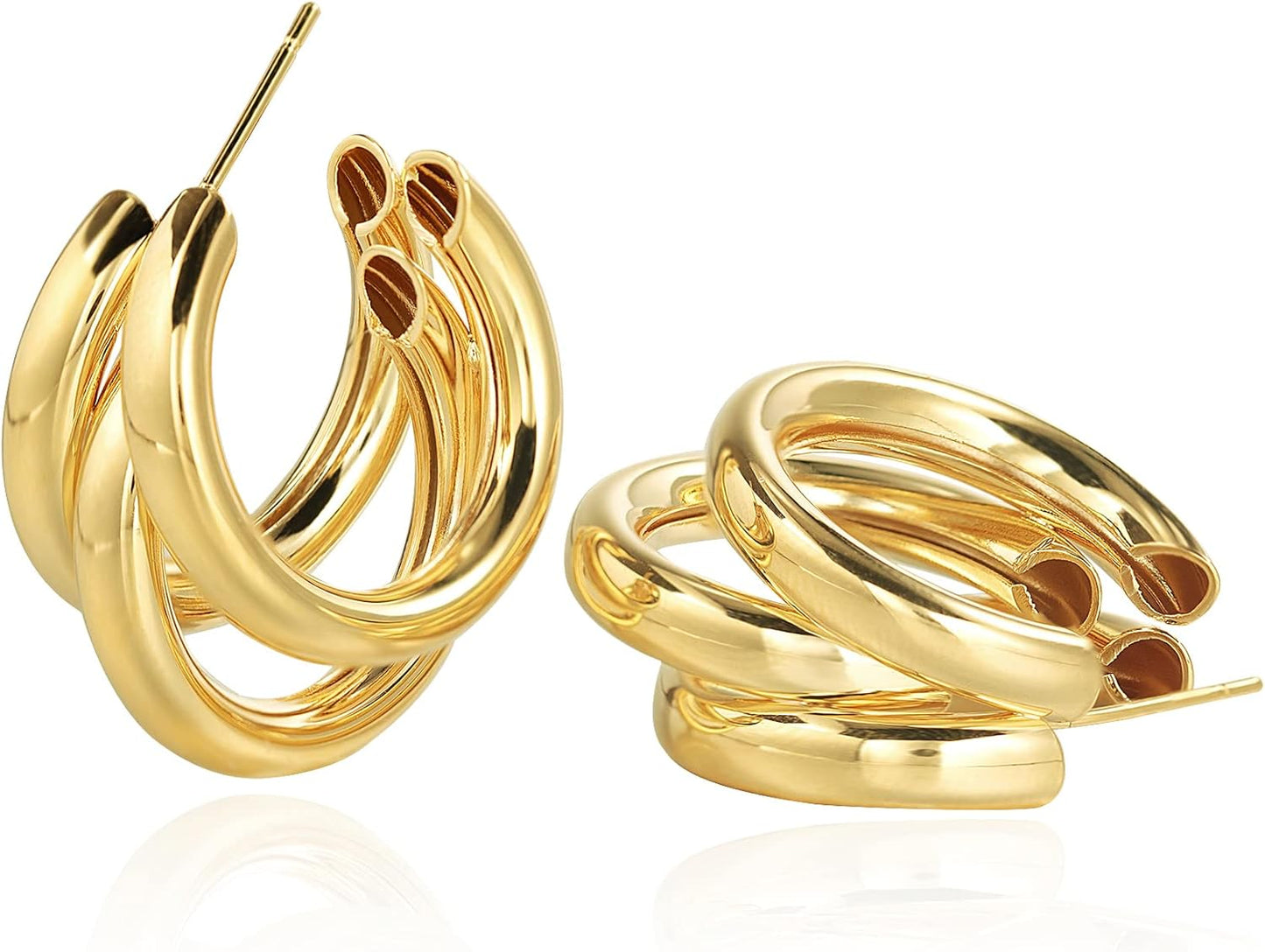 Chunky Gold Hoop Earrings for Women, 14k Gold Plated Thick Triple Hoop Earrings Hypoallergenic Trendy Chunky Gold Hoops