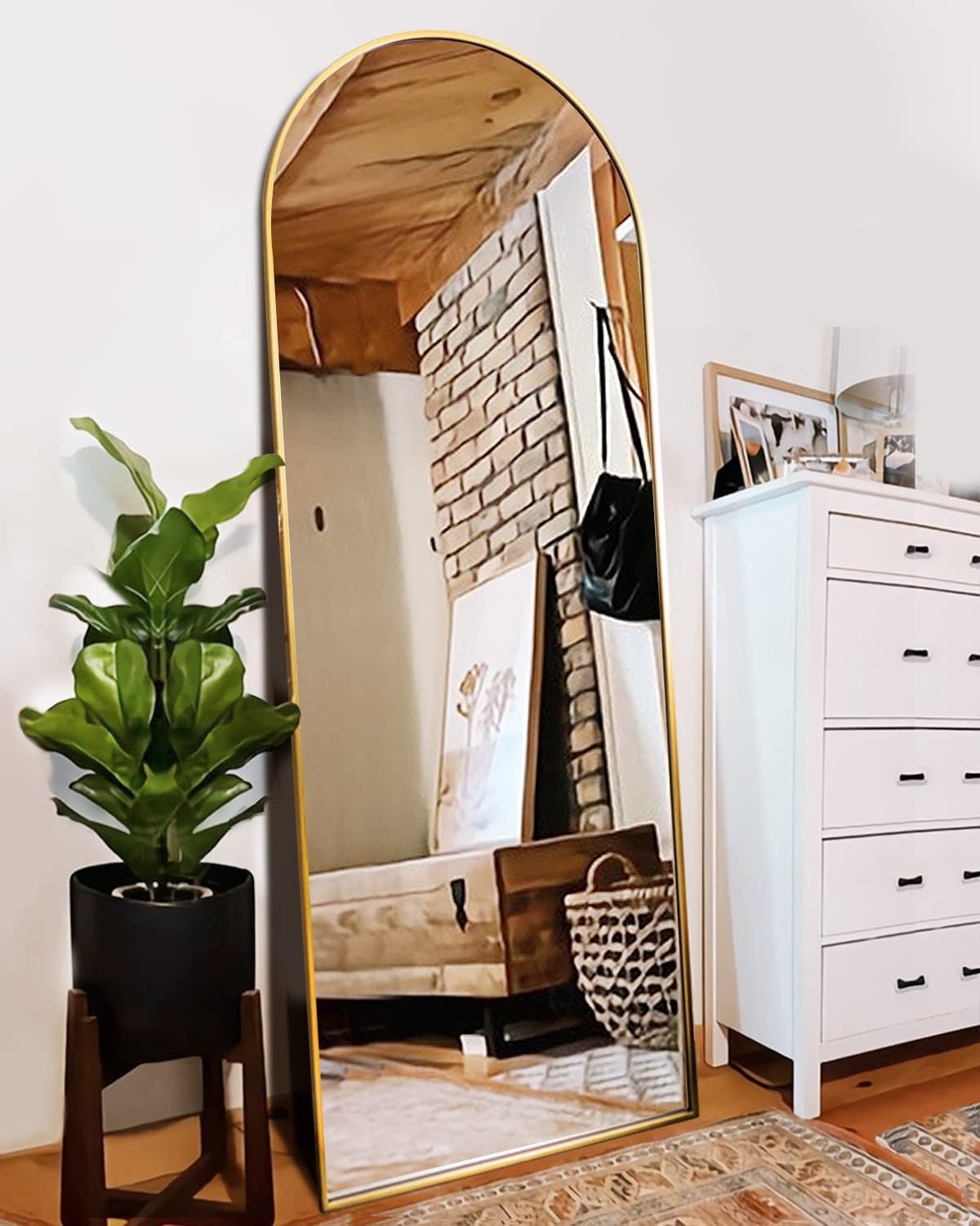 Floor Mirror, Full Length Mirror with Stand, Arched Wall Mirror, Gold Floor Mirror Freestanding