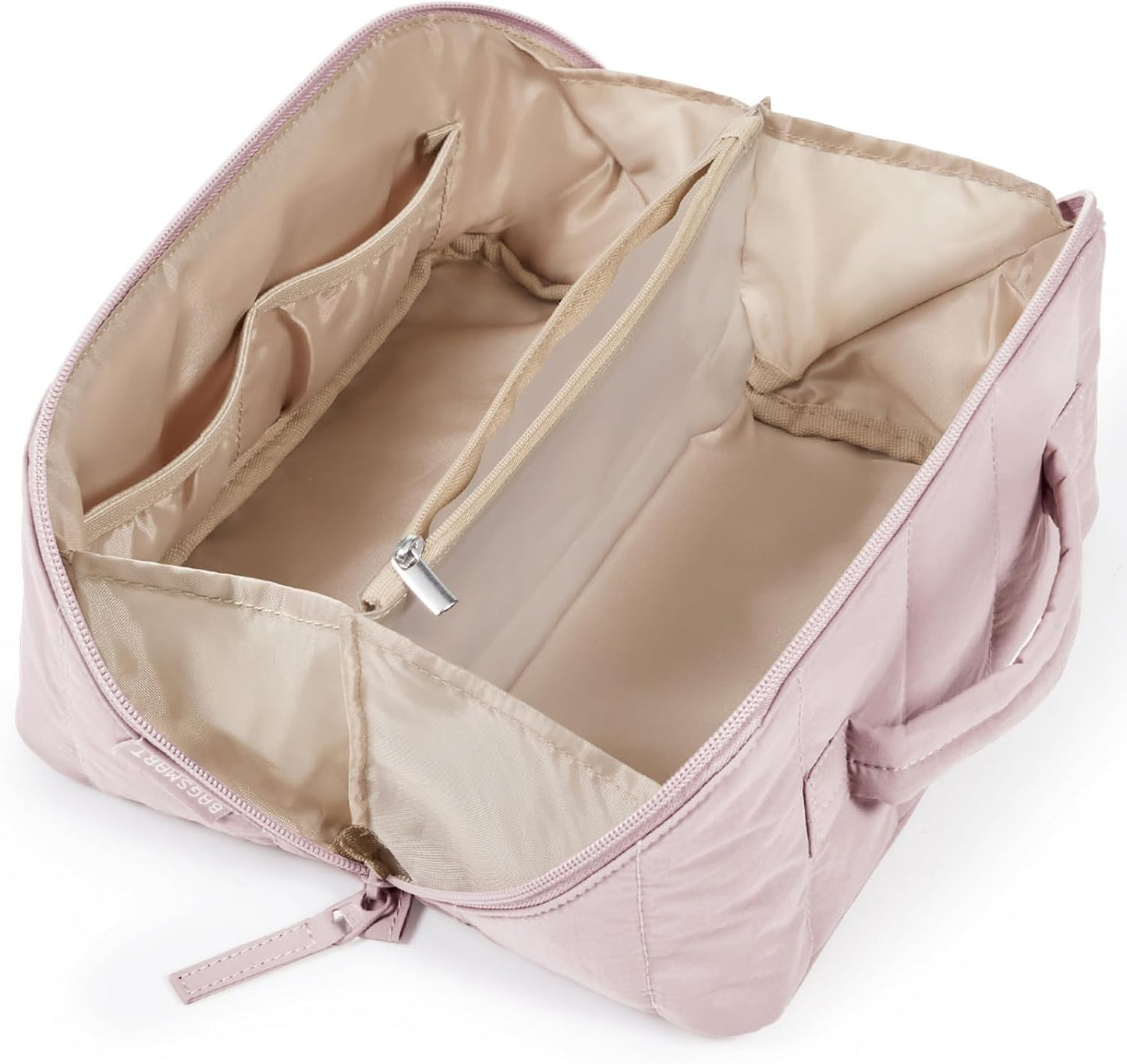 Travel Makeup Bag for Women, Portable Water-resistant Cosmetic Case, Puffy Padded Make Up Organizer Pouch, Open Flat Toiletry Bag for Toiletries, Brushes, Pink