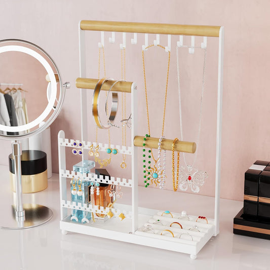 Jewelry Display Rack with 36 Holes Earring Holder, 10 Hooks Necklace Organizer, Velvet Ring Holder Dish