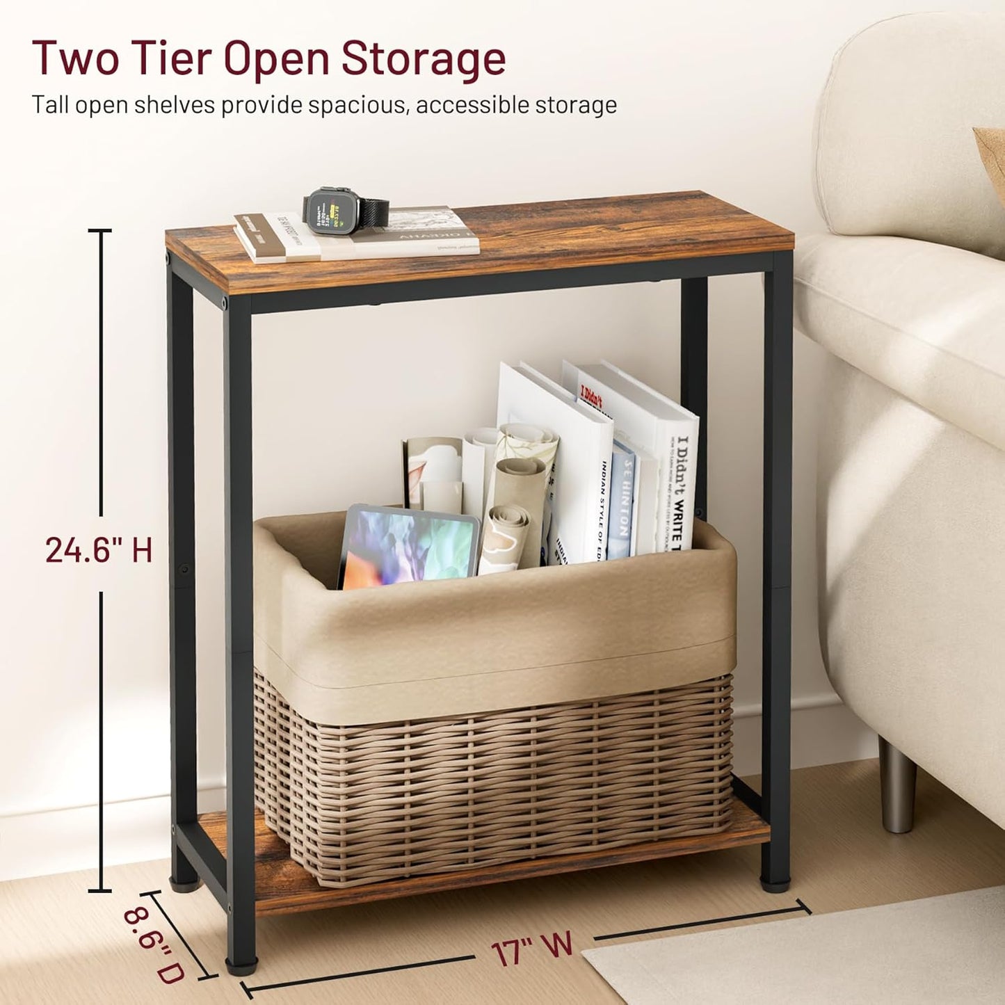 Narrow Small Side Table for Small Space, 2 Tier Sofa Skinny End Table for Living Room, Bedroom