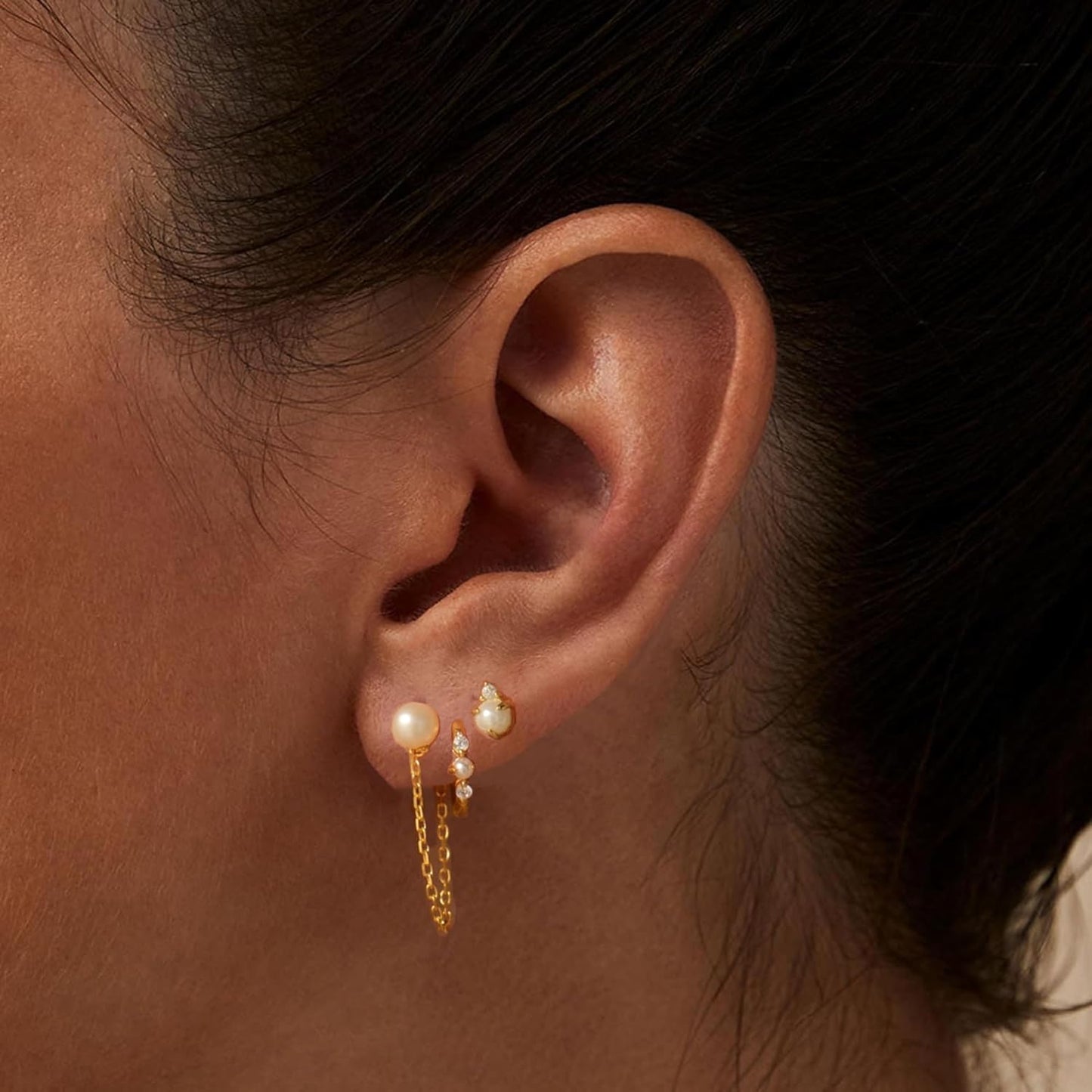 Gold Earrings for Women, 14k Gold Plated Dangle Huggie Earrings for Women Trendy Dainty Gold Hoop Earring Stacks  Pearl Chain Drop Cartilage