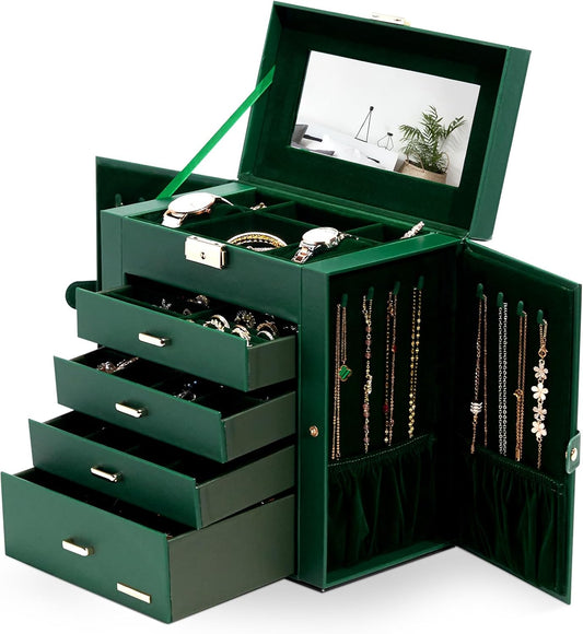 Synthetic Leather Huge Jewelry Box Mirrored Watch Organizer Necklace Ring Earring Storage Lockable