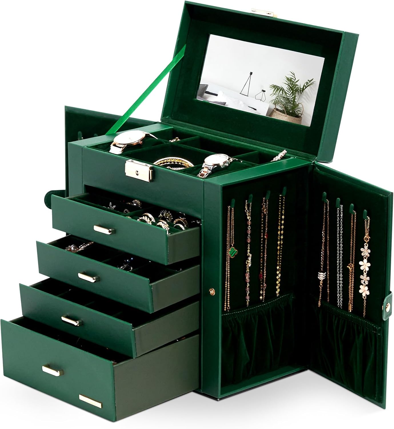 Synthetic Leather Huge Jewelry Box Mirrored Watch Organizer Necklace Ring Earring Storage Lockable