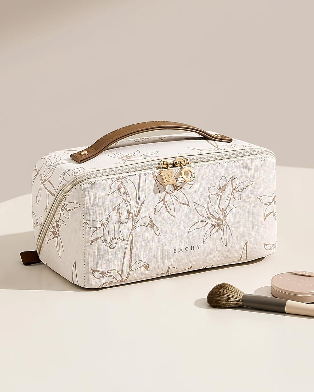 Travel Makeup Bag, Large Capacity Cosmetic Bags for Women, Waterproof Portable Pouch Open Flat Toiletry Bag Pattern Make up Bag (F-Beige)