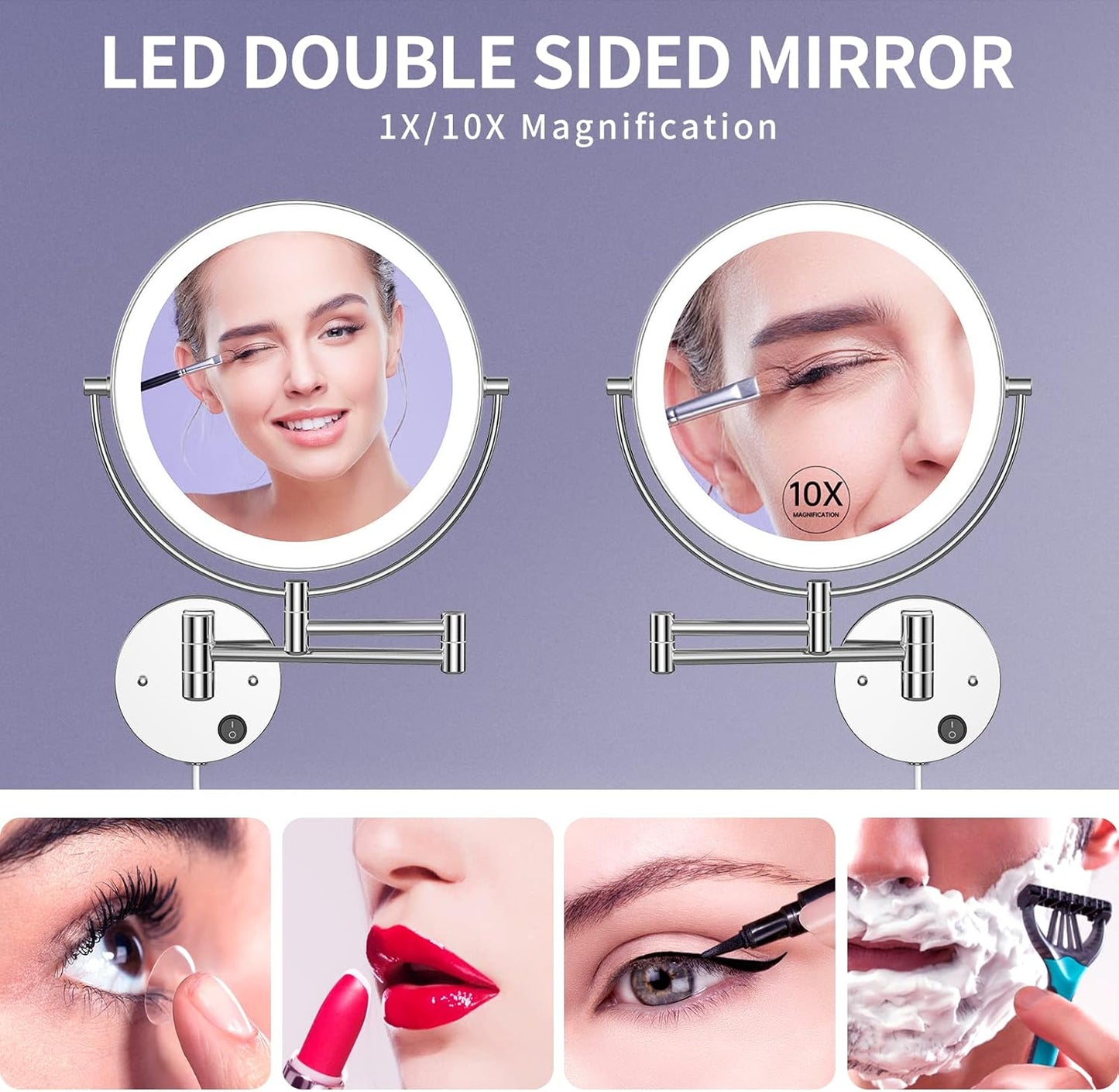 9" Large Size Wall Mounted Lighted Makeup Vanity Mirror, 1X/10X Magnifying  Bathroom Mirror