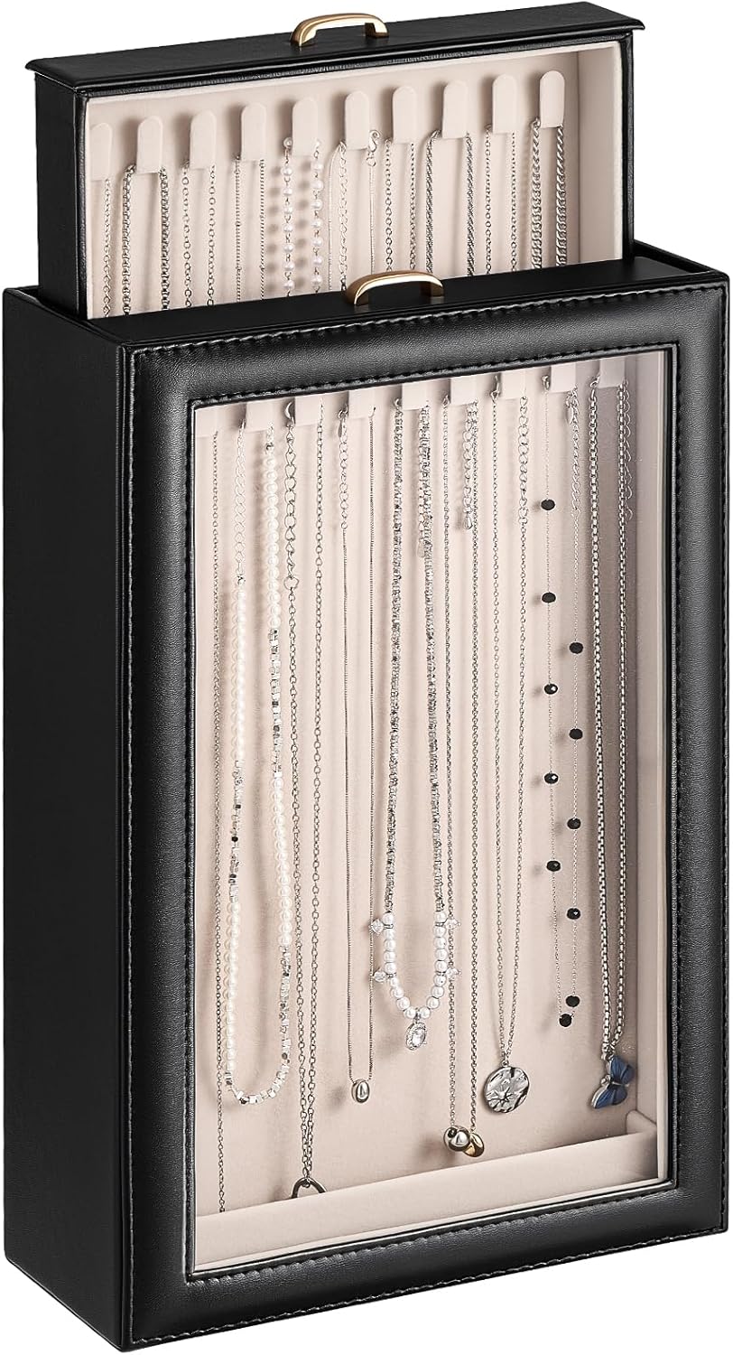 Necklace Organizer Box, 2-Layer Jewelry Storage Boxes with Clear Lid, Tangle-Necklace Display Case