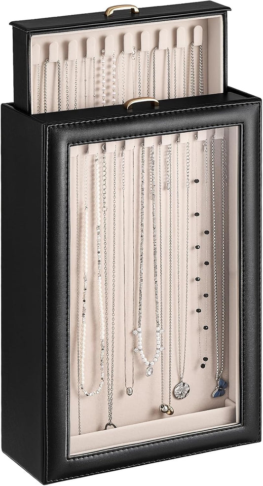 Necklace Organizer Box, 2-Layer Jewelry Storage Boxes with Clear Lid, Tangle-Necklace Display Case
